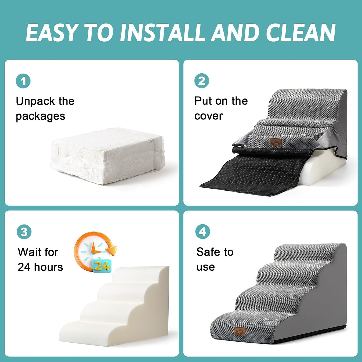 Dog Stairs for Small Dogs 15.7" H, Curved Dog Step for Puppy, Older Cat, Medium Pet Ramp for Sofa, Couch or Bed, Ladder with High Density Foam, 15.7x22.4x15.7 inch, 3 Step, Grey