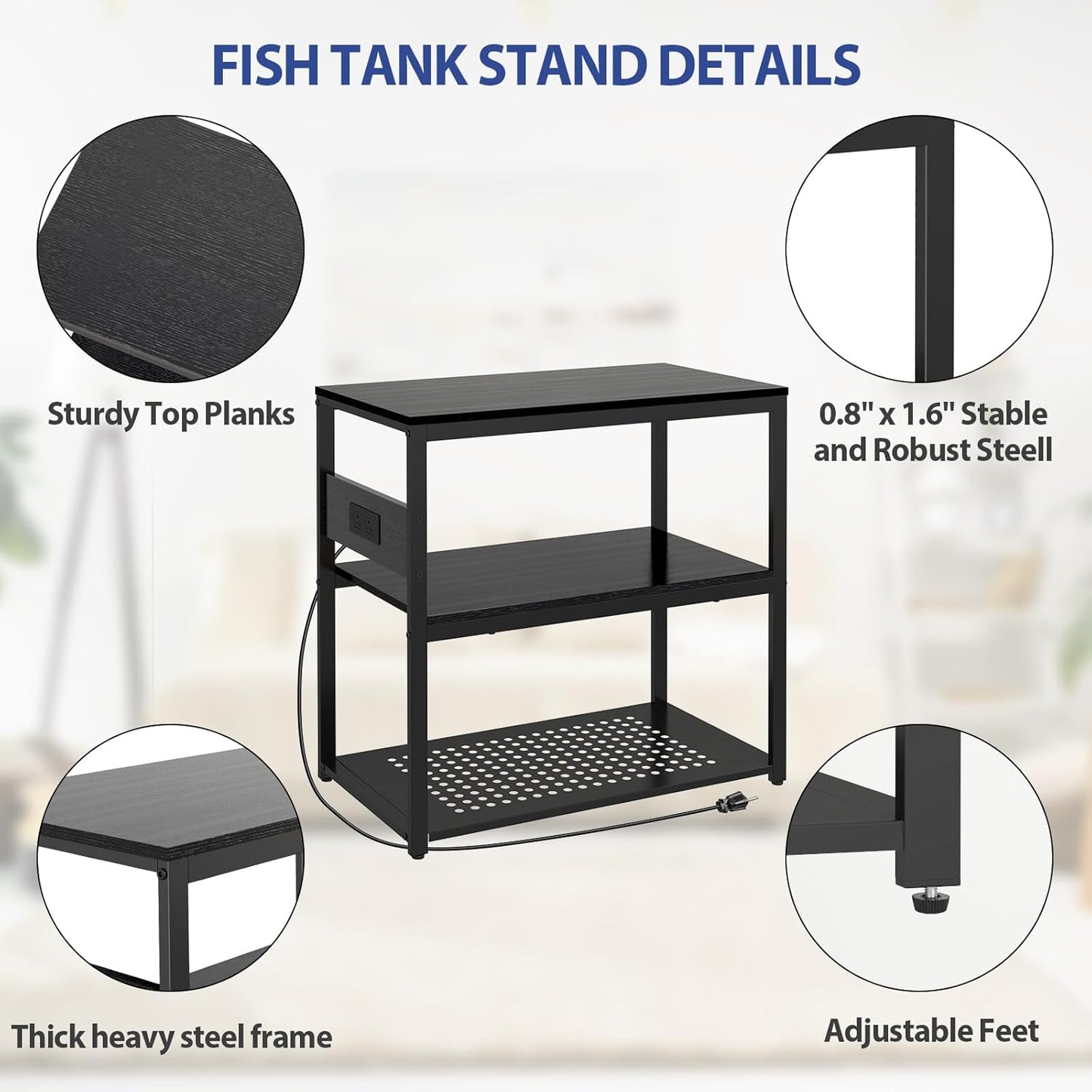 20-29 Gallon Fish Tank Stand with Power Outlets, 3-Tier Metal Aquarium Stand, Breeder Reptile Tank Stand with Shelf for Home Office, 660LBS Capacity, 29.5 x 15.8 x 30.1 inches, Black