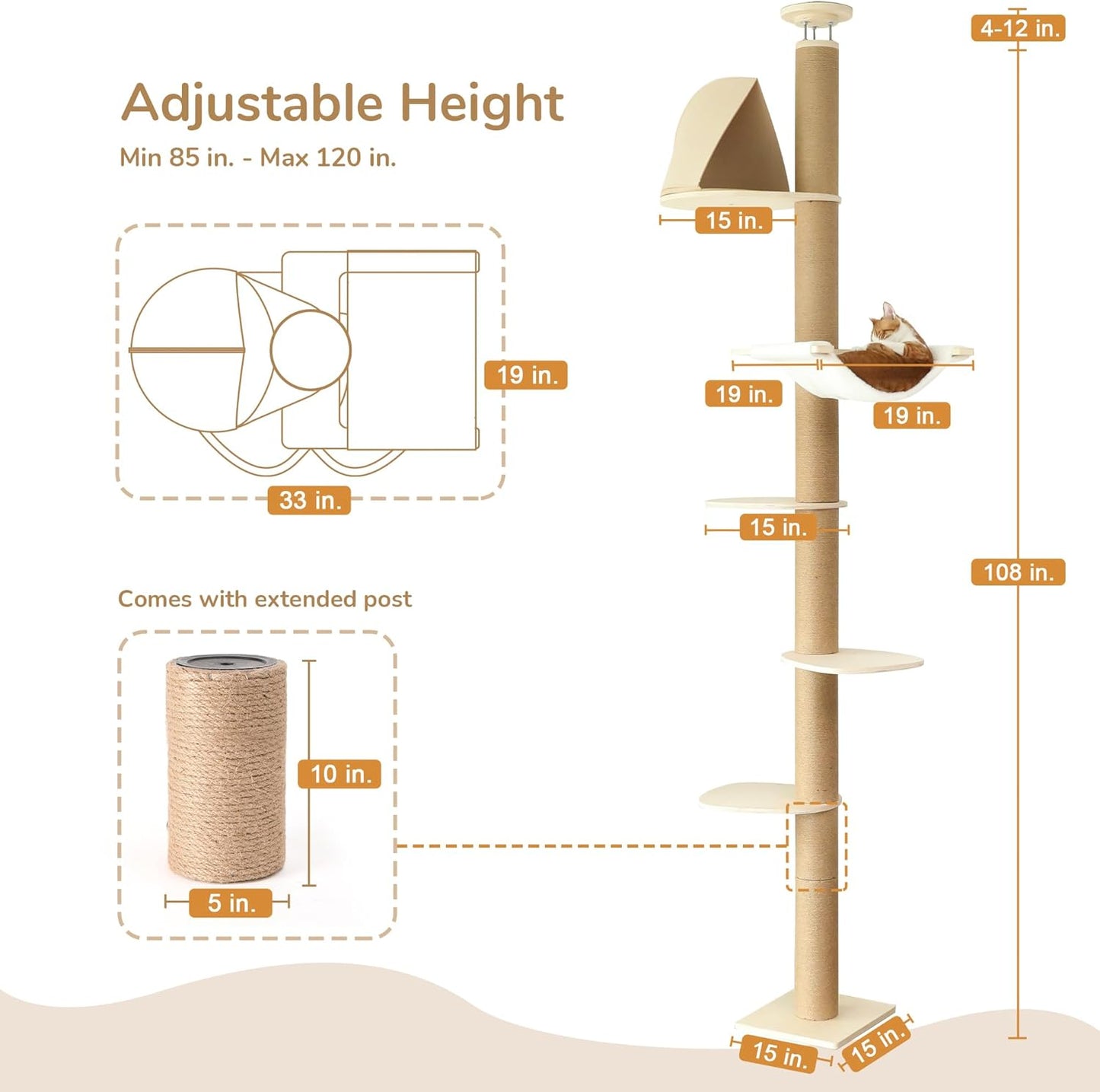 FUKUMARU Floor to Ceiling Cat Tree, 6 Level Adjustable Height (6-10 ft) Climbing Tower with Thickened Scratching Posts, Cats Activity Center with Cozy Hammock - Beige