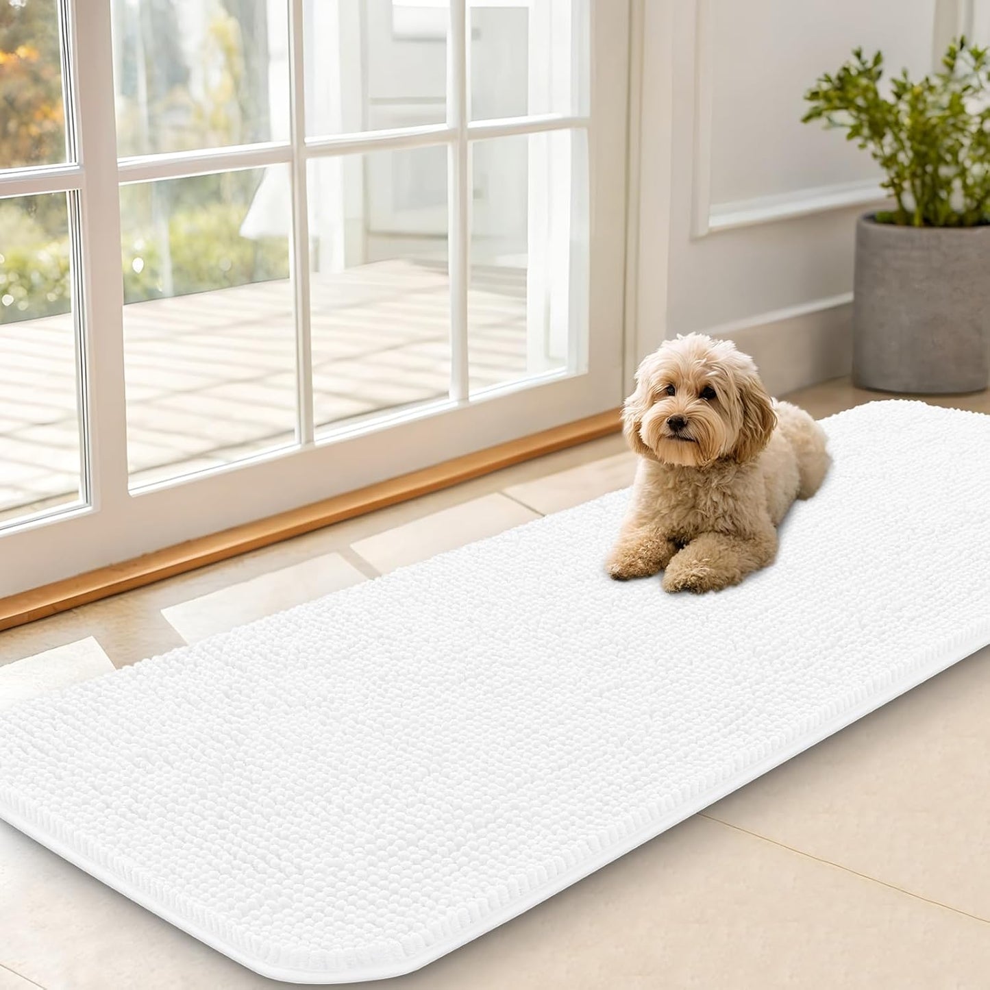 OLANLY Dog Door Mat for Muddy Paws 59x20, Absorbs Moisture and Dirt, Absorbent Non-Slip Washable Doormat, Quick Dry Chenille Mud Mat for Dogs, Entry Indoor Entryway Carpet for Inside Floor, White