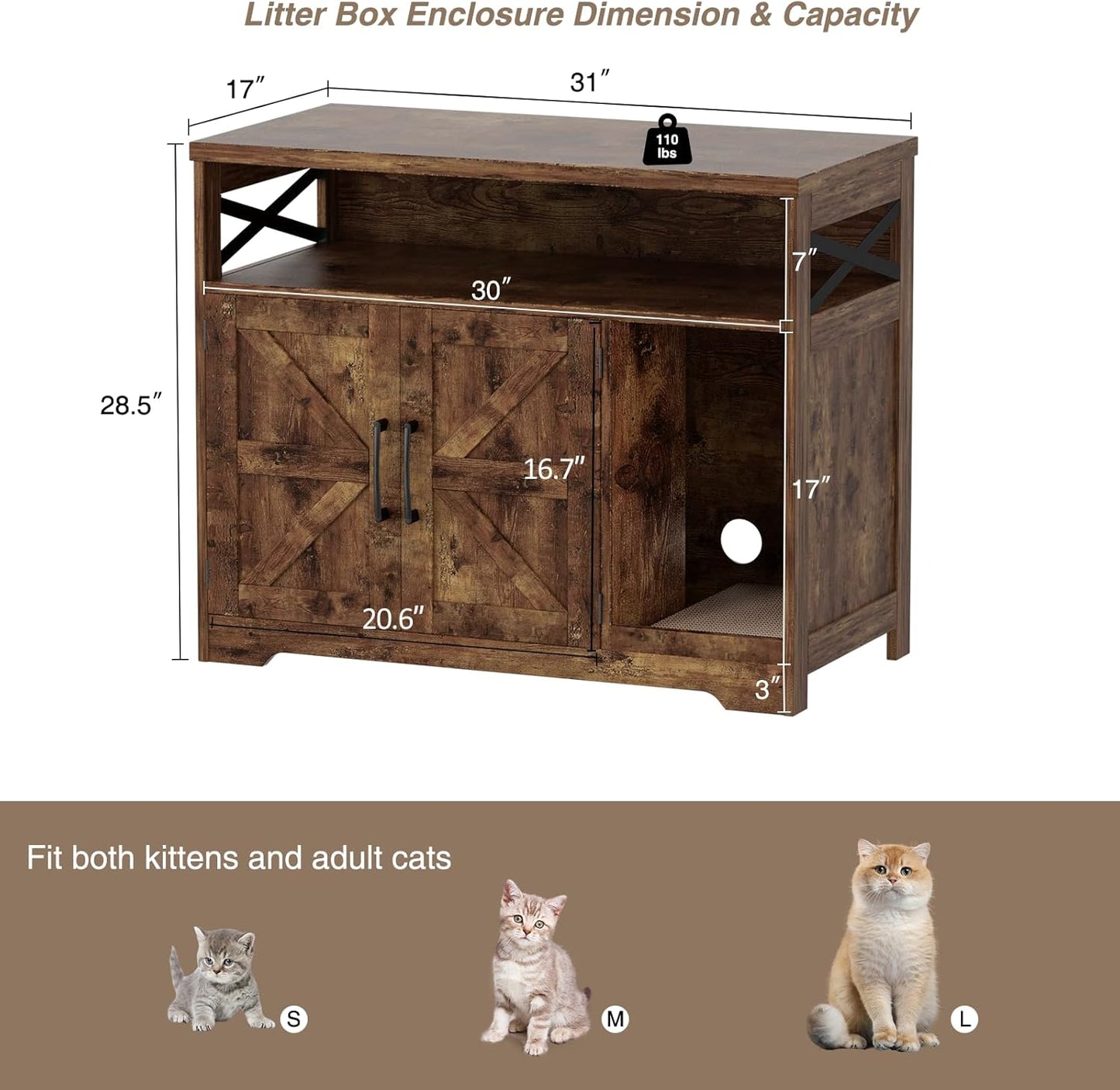 Cat Litter Box Enclosure, Hidden Litter Box Furniture with Scratch Pad, Farmhouse Indoor Cat House Washroom End Table, Rustic Brown