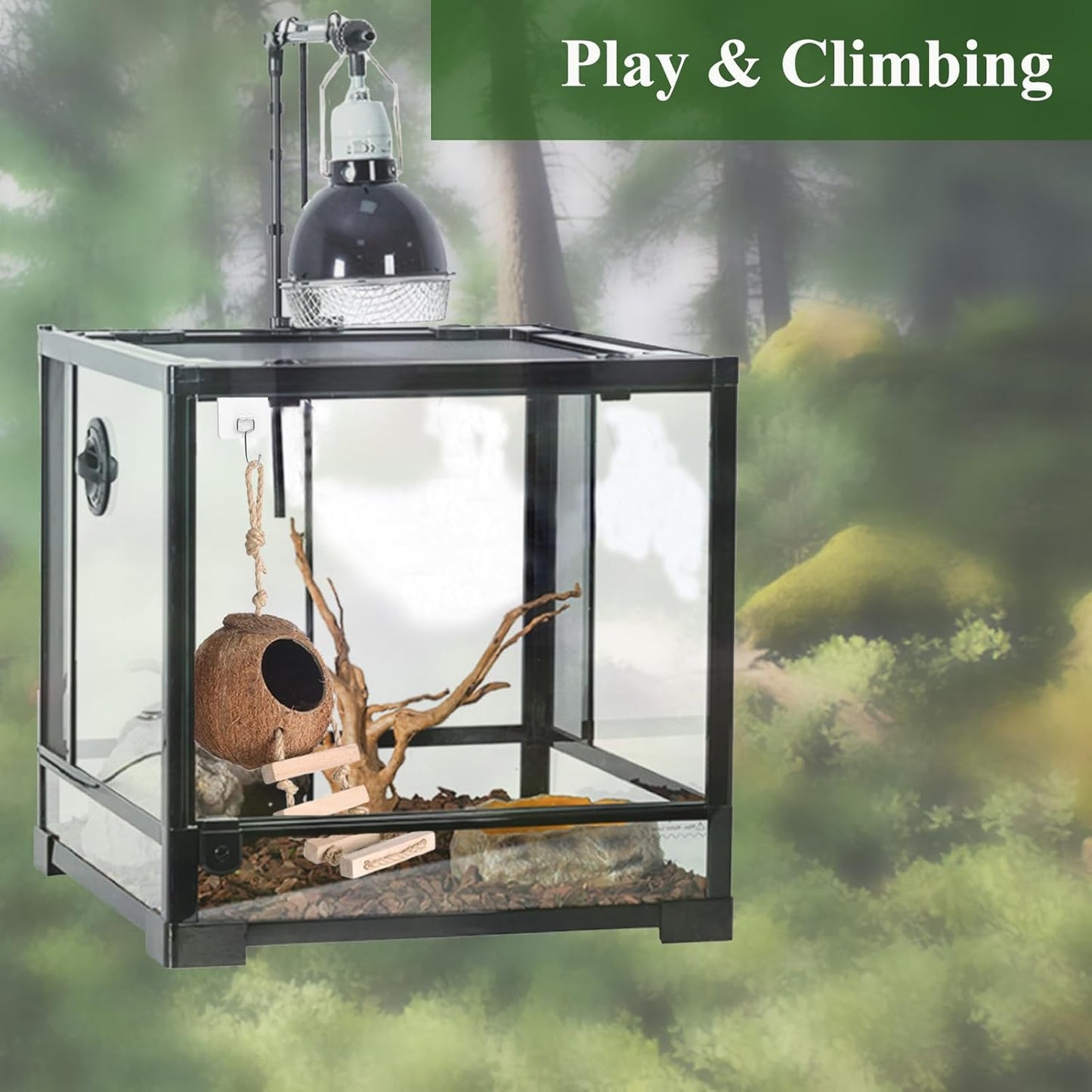 HERCOCCI Gecko Tank Accessories, Hermit Crab Toys Coconut Shell Natural Coconut Husk Hut with Climbing Ladder with Suction Cup for Leopard Gecko Snake Reptiles