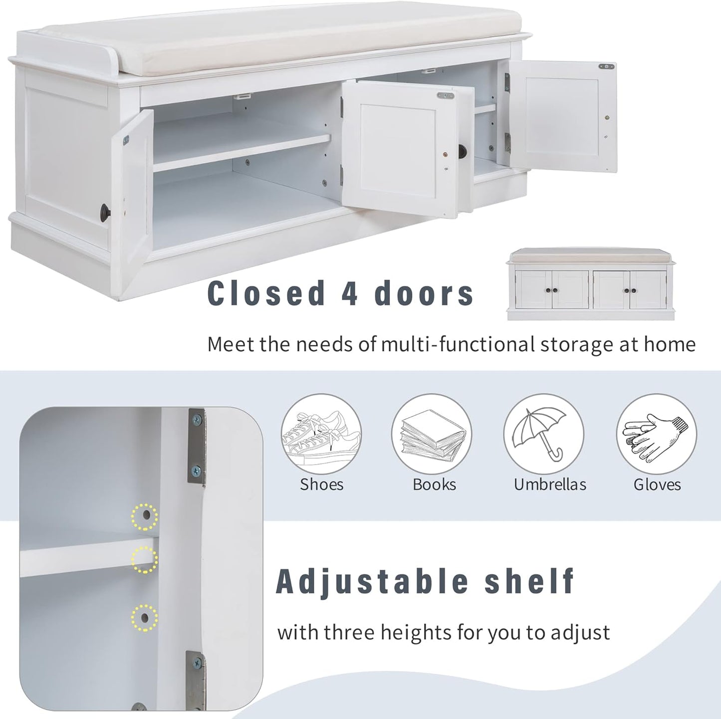 Storage Bench with 4 Doors and Adjustable Shelves, Shoe Bench with Removable Cushion for Living Room, Entryway 42.7" L x 16" W x 17.4" H (White)
