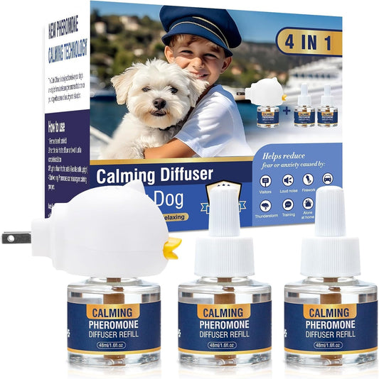 Dog Pheromone Calming Diffuser 4 In 1 Appeasing Pet Pheromones Diffuser to Calm Kit (Plug in+ 3 Pack 48ml Refill) for Anxiety Relief Reduce Barking Aggression Fighting Stress 90 Day Supply(Tasteless)