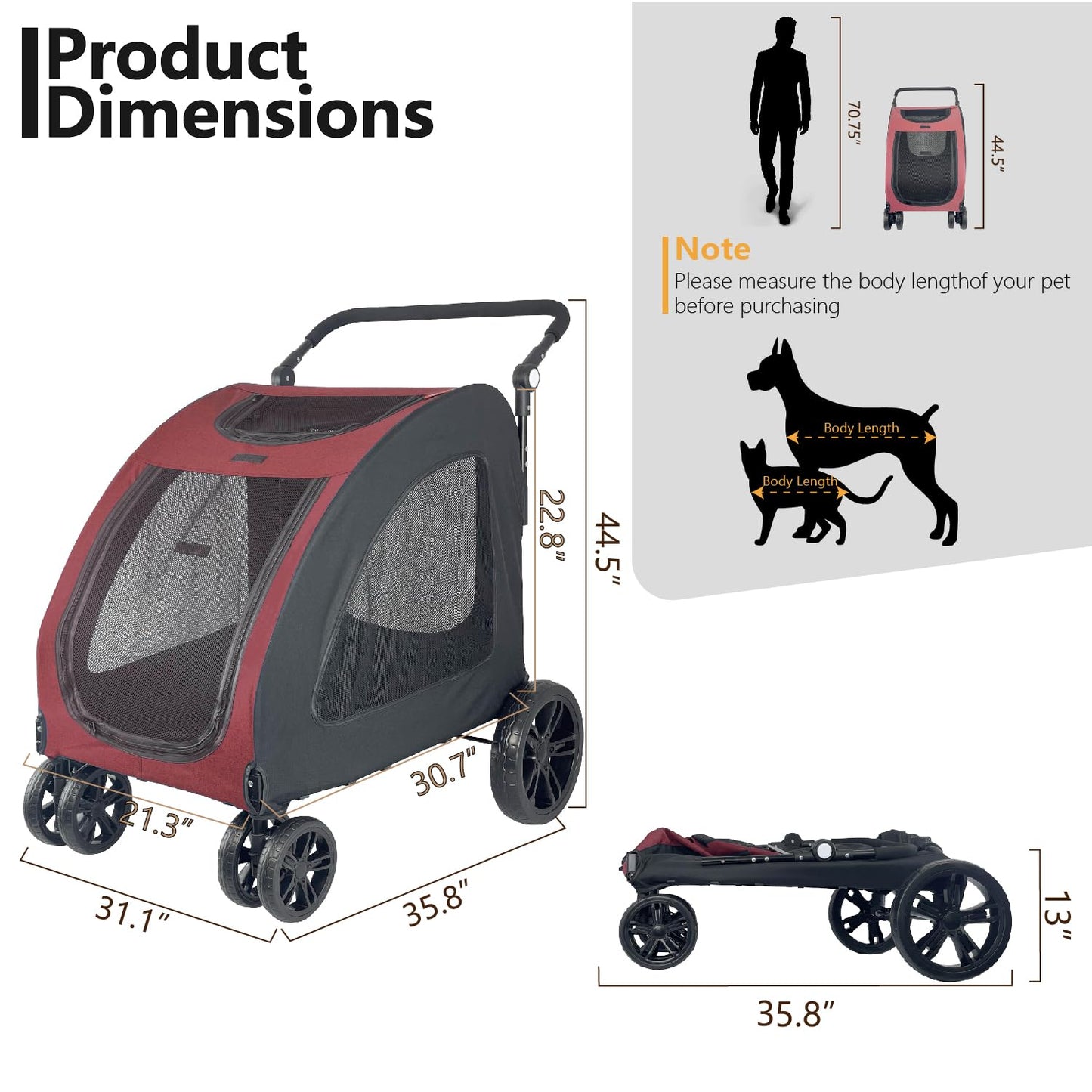 Extra Large Dog Stroller for Medium & Large Pets - Foldable Design, Adjustable Handle, Up to 130 lbs(Red)