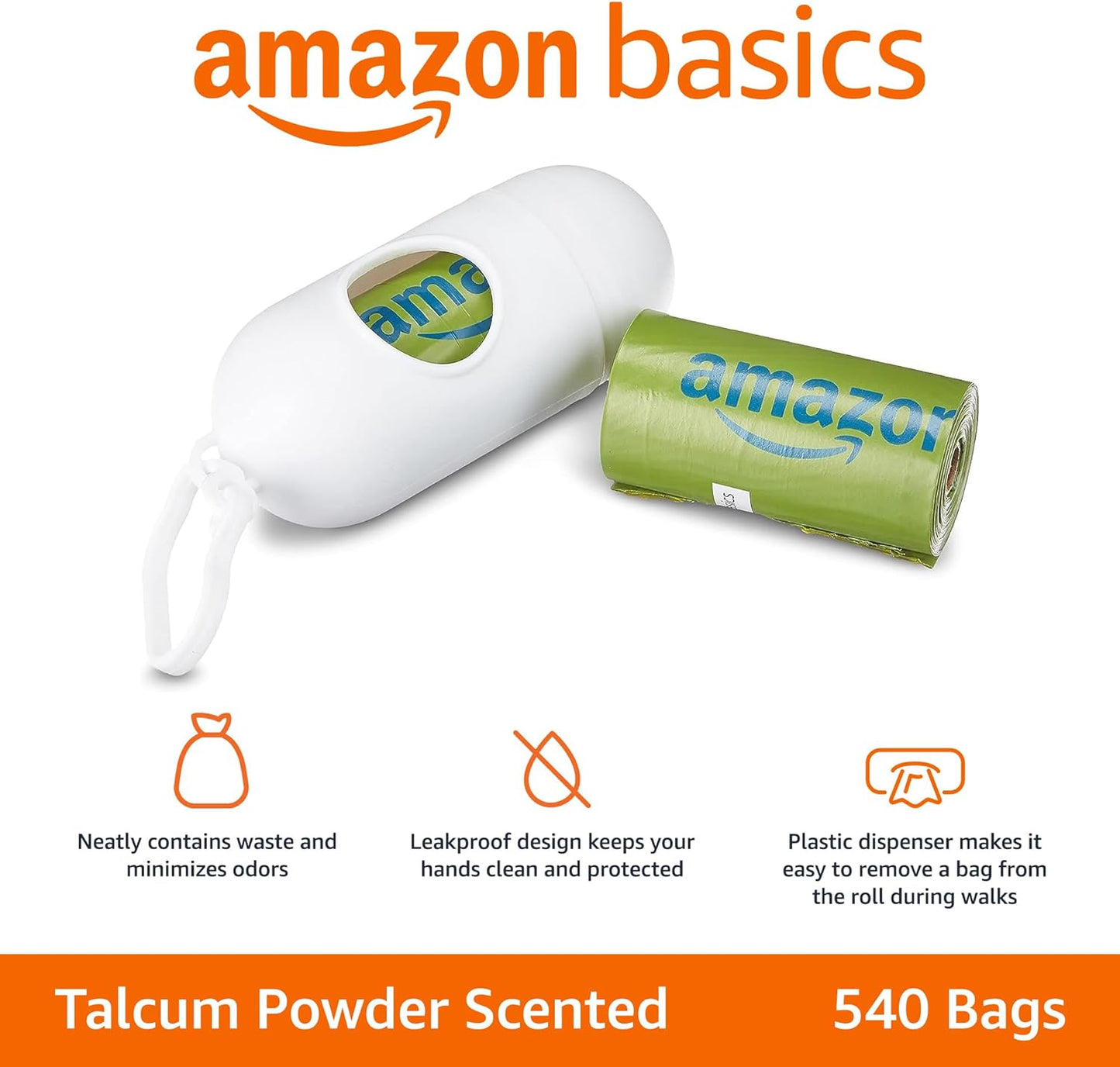 Amazon Basics Dog Poop Bags with Dispenser, 540 Count, Enhanced for Guaranteed Leakproof, Talcum Powder Scented, Includes Leash Clip