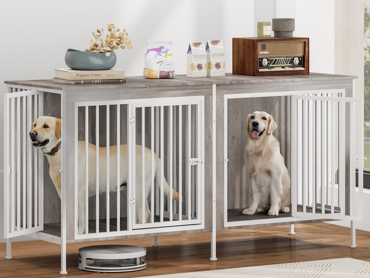 78 Inch Dog Cage Furniture for 2 Large/Medium Dogs with Removable Divider, Extra Large Double Doors Dog Kennel, XXL Thick Wooden Dog cage Furniture, Durable and Sturdy, Beige