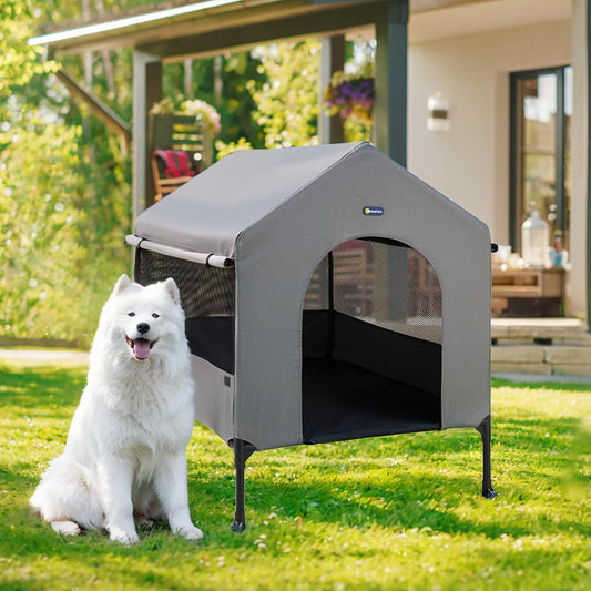Veehoo 35" Dog House, 2-in-1 Large Dog House Outdoor Indoor Weatherproof, Outside Elevated Dog Cot Bed Dog Tent Shade, Three-Sided Breathable Mesh Windows and Sunshades, CWC2435CP