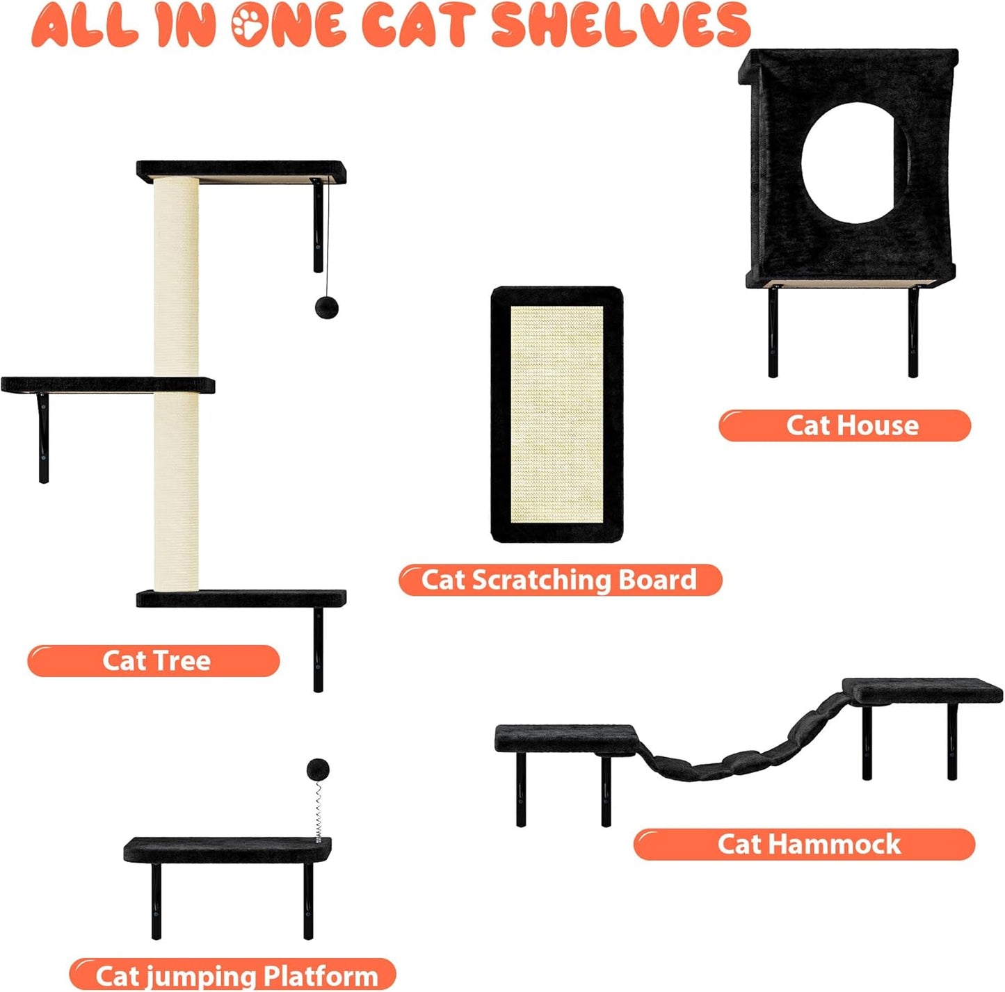 NUNU LAB Cat Wall Shelves Set, 5 Pcs Wall-Mounted Cat Climber with Cat House, Bridge, Scratching Post, Hammock, Wall Shelves, Black