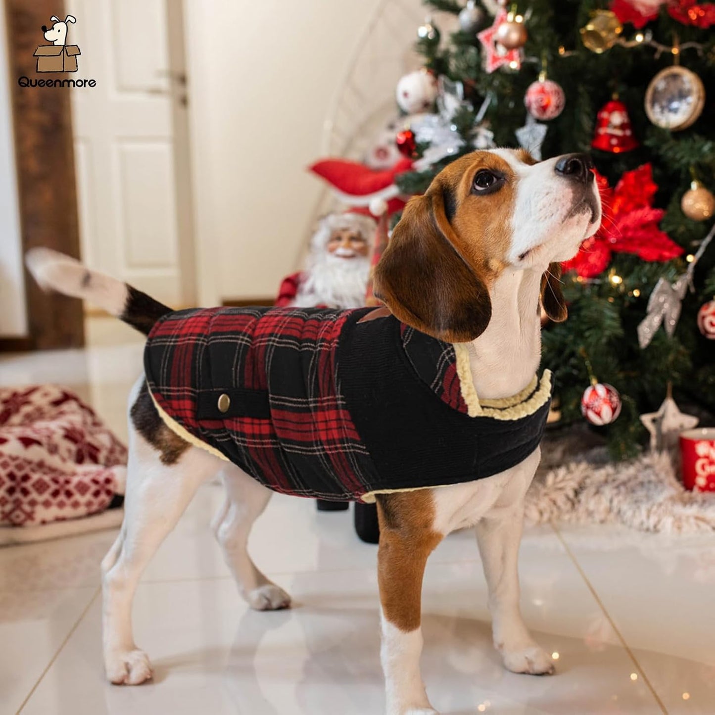 Queenmore Dog Winter Coat Warm Dog Jacket for Cold Weather, Quilting Puffer Plaid Coats for Small/Medium Dogs Waterproof,Girl/Boy Pet Christmas Coat,Pet Snowsuit with Leash Hole/Fleece Padding, XL