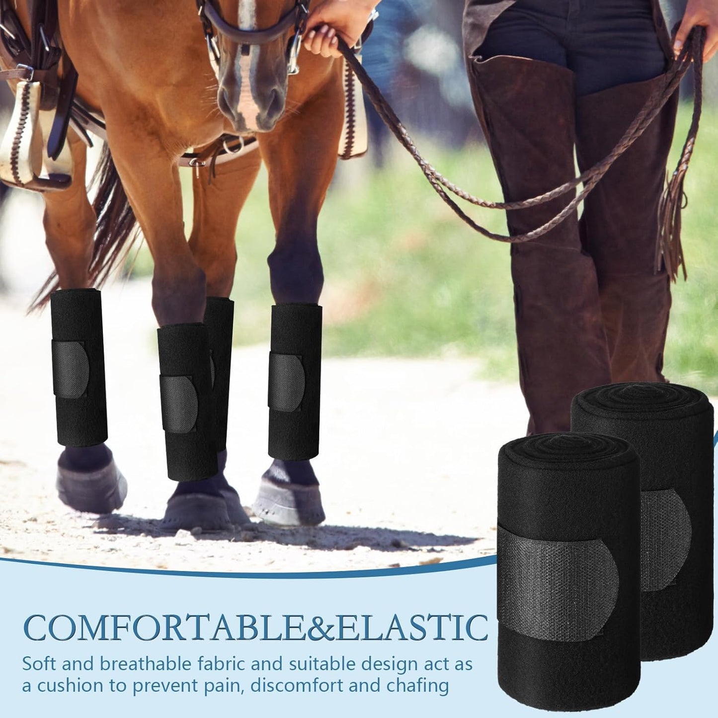 Set of 4 Horse No Bow Bandage 3D Contoured Standing Wrap Bandages Stable Nylon Horse Leg Wraps for Helping Prevent Horse from Tendon Damage and Keep Horses Clean and Safe (Black)