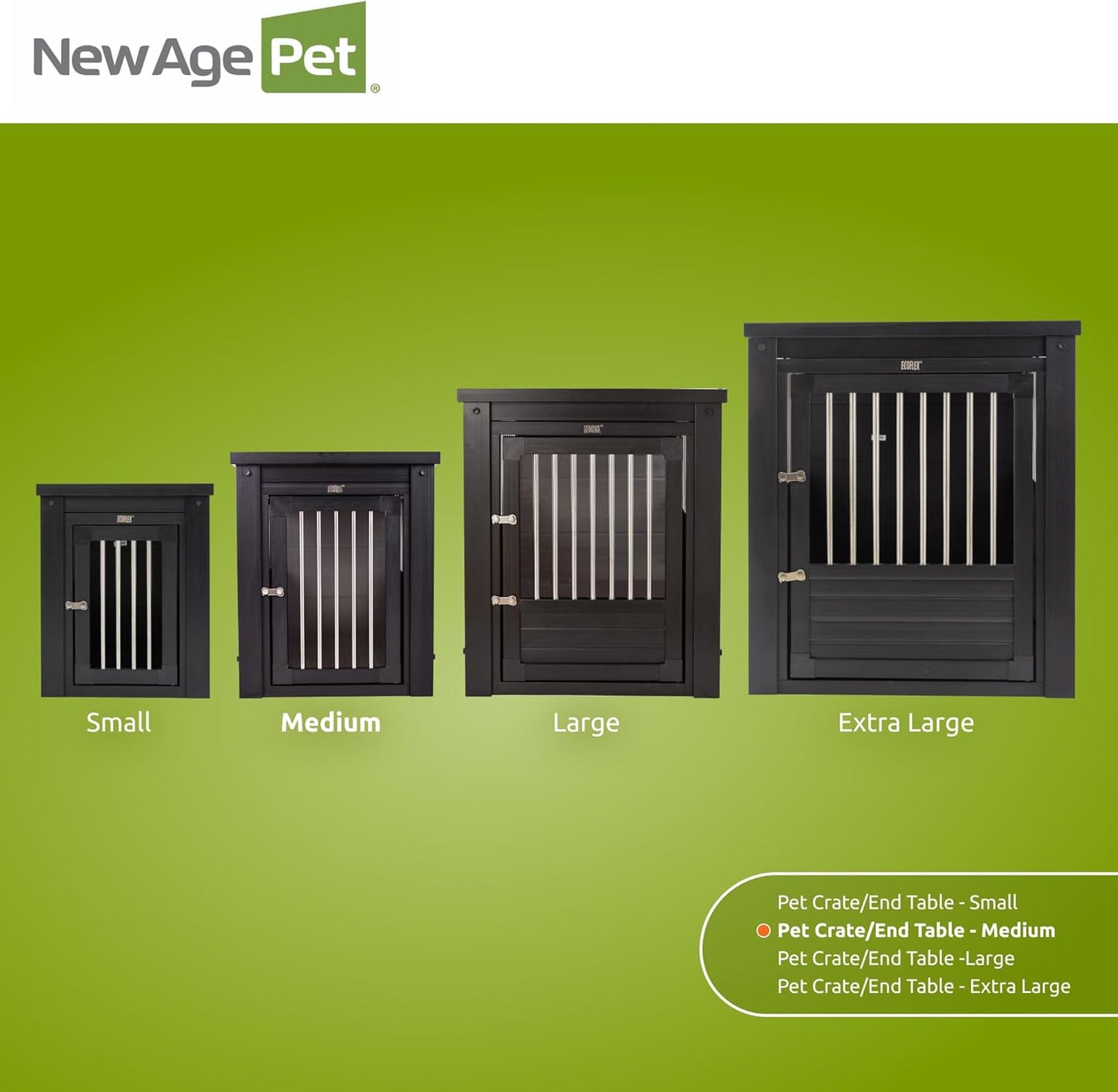 New Age Pet ECOFLEX Dog Crate End Table - Furniture-Style Pet Crate for Crate Trained Dogs - Stainless Steel Tubing & a Latched Closure - 10 Year Manufacturer's Warranty, Medium, Black