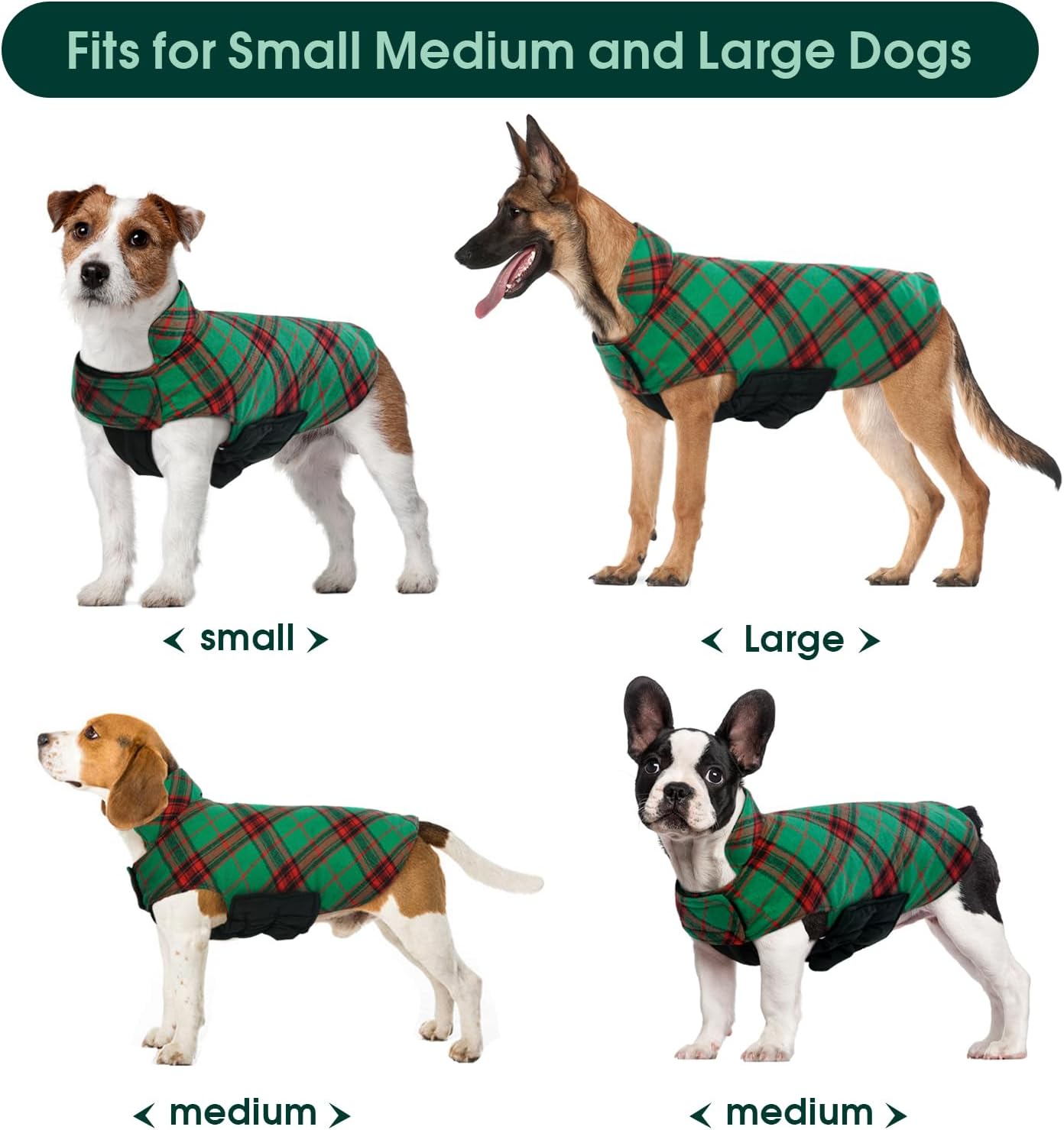 Kuoser Warm Dog Coat, Waterproof Dog Jacket for Extra Large Dogs, Adjustable Durable XL Doggie Winter Coat Reversible Cozy Puppy Cold Weather Apparel from Small to Large Breed, Christmas Green XL