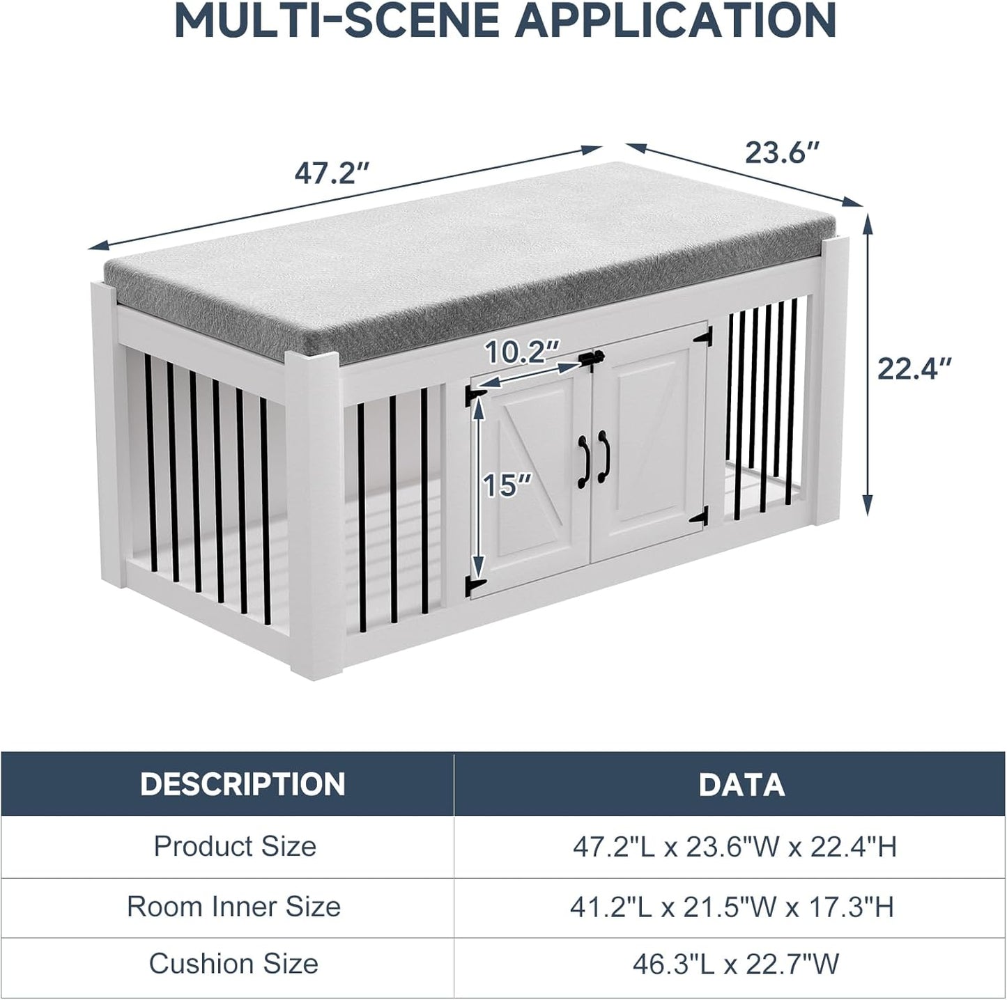 Dog Crate Furniture with Padded Seat, Luxury Wooden Dog Kennel, End of Bed Bench Ottoman with Removable Cushion for Bedroom, Living Roome, White