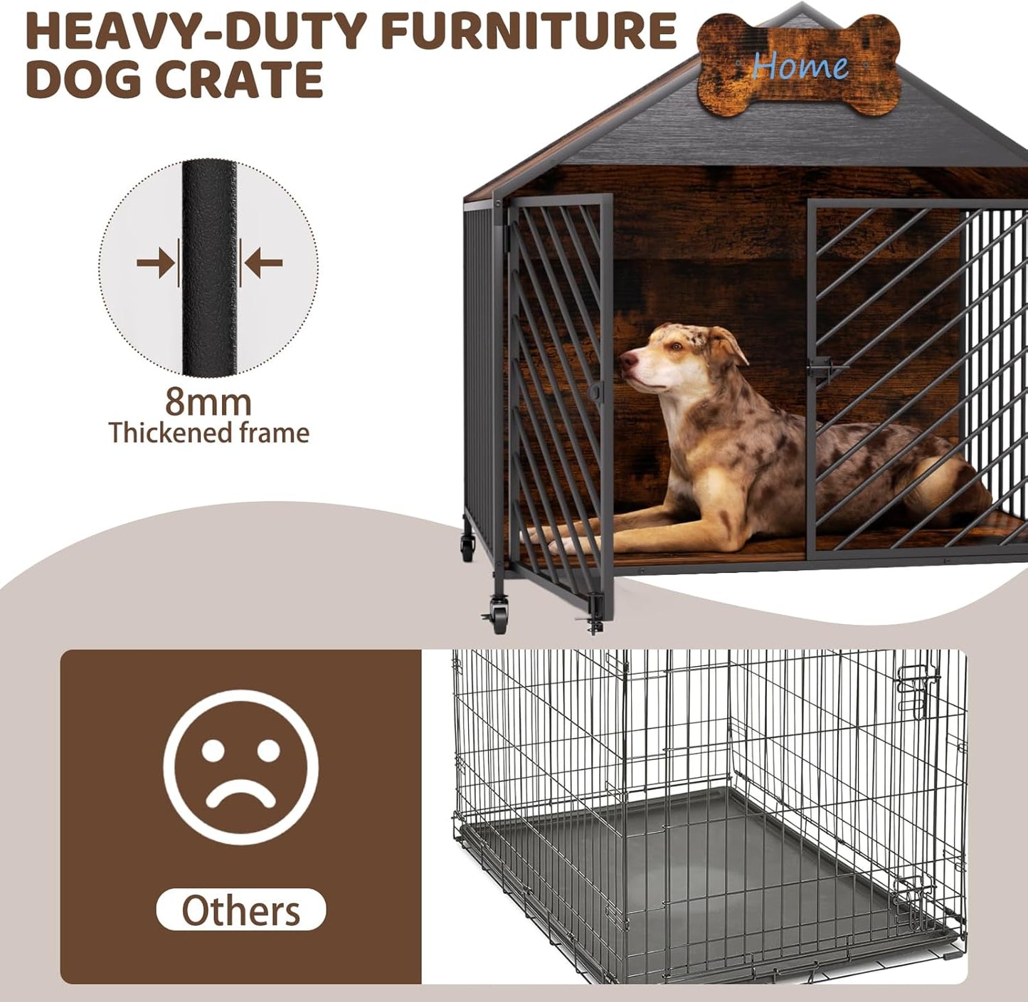 Furniture-Style Dog Crate with Gable Roof Design, Double Locking Doors Indoor Kennel for Small & Medium Dogs, Chew-Proof Escape-Proof Dog Cage, Rustic Brown
