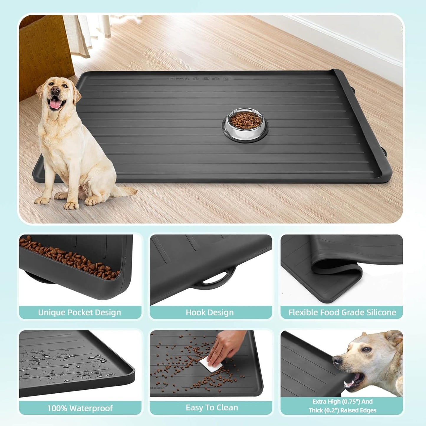 Dog Mat for Food and Water - 39.4" x 27" Large Pet Feeding Mats with Residue Collection Pocket - Waterproof Dog Cat Bowl Mat with High Edges to Prevent Water and Food Spills (Black)