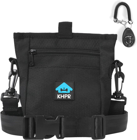 Dog Treat Pouch Magnetic Closure with Training Clicker，Hands-Free Design to Prevent Spills，Built in Poop Bag Dispenser，3 Ways To Wear，Metal Clip Waist Belt and Fanny Pack for Pet Walking（Black）