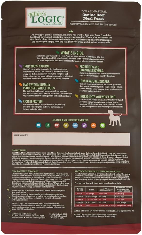 Nature's Logic Dry Dog Food - 100% Natural - No Synthetics - For All Ages, Sizes, Breeds - Free From Common Allergens, High Protein - Beef Meal Feast, 4.4lbs