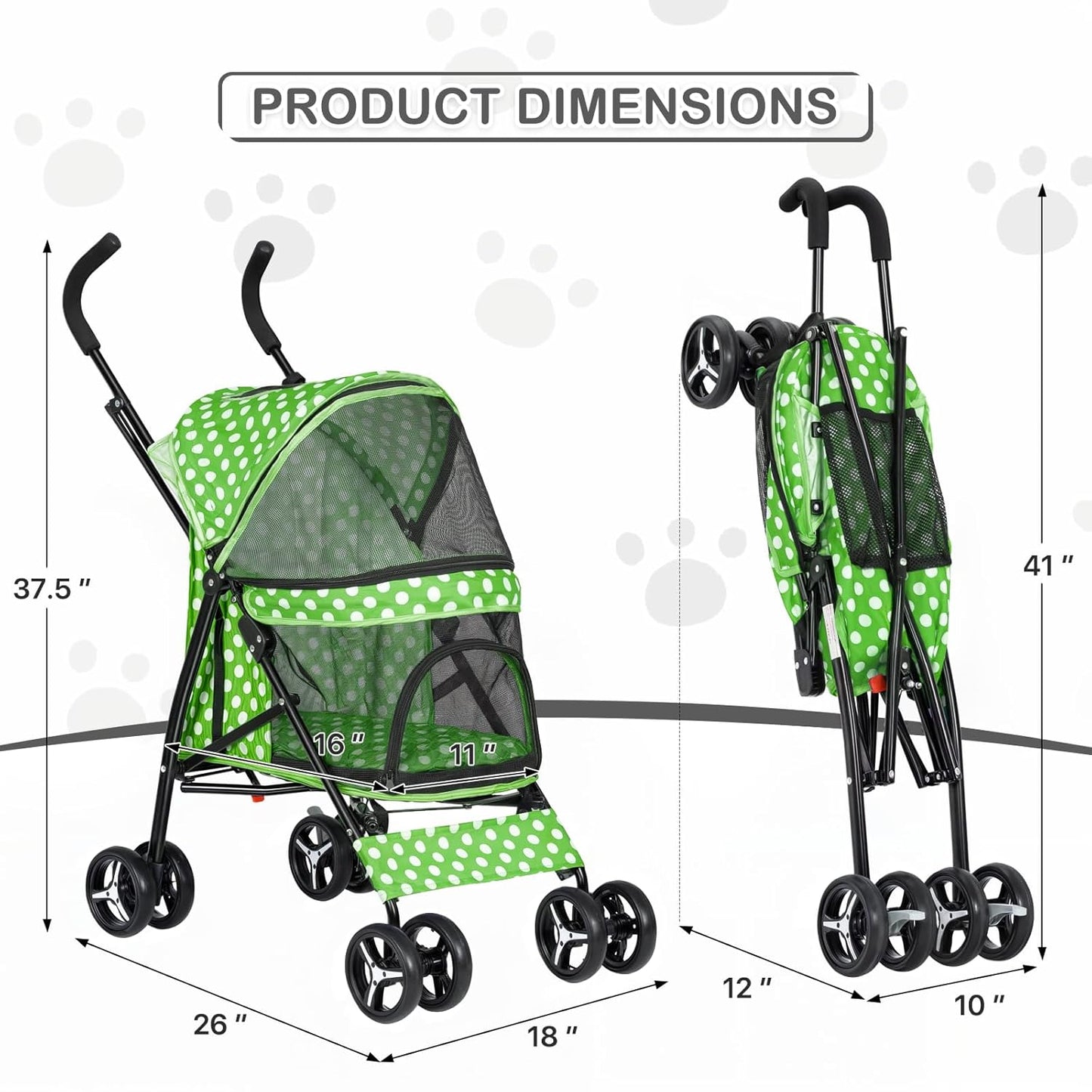 MoNiBloom 4 Wheels Pet Stroller, Easy-Fold Umbrella Shaped Dog Cat Jogger Stroller w/Storage Bag & Visible Mesh for Small/Medium Dogs Cats Lawn Green Polka Dots