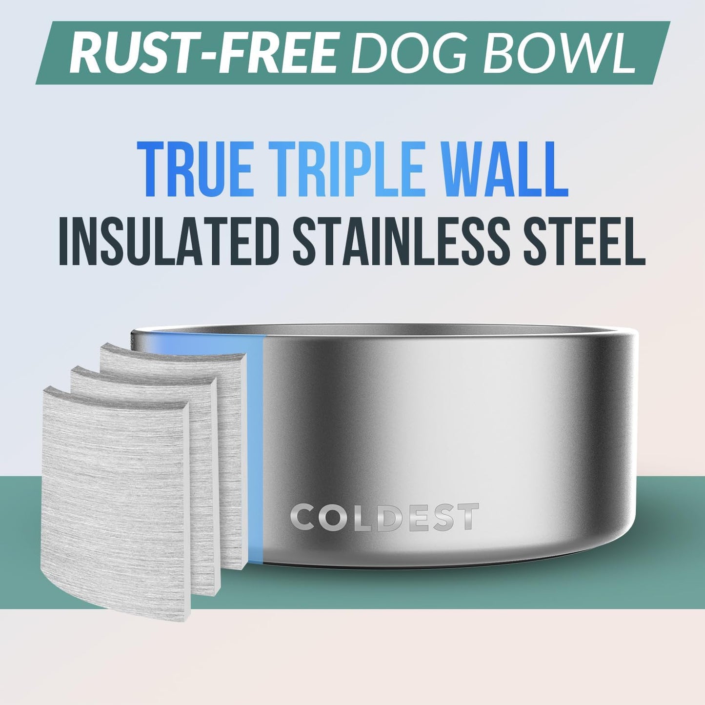 Coldest Dog Bowl - Anti Rust Metal, Non Slip, 3 Layers Insulated Stainless Steel Dog Bowls - Spill Proof & Heavy Duty - Water Bowl for Dogs, Cats, Dish Washer Safe (100 oz,Polished Stainless Steel)