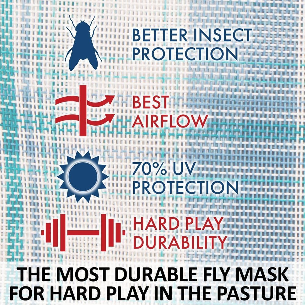 Schneiders Dura-Mesh Plaid Fly Horse Mask with Ears | Ultra-Durable 1000D Mesh | 70% UV Protection | Breathable Open Weave | Color Blue Plaid | Size Full Size