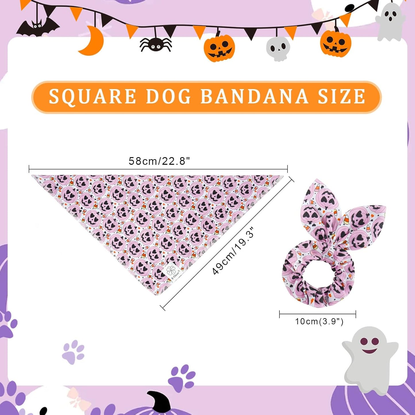 E-Clover Halloween Dog Bandanas & Matching Scrunchie Set Girl Cute Pink Pumpkin Dog Scarf Bibs Pet Bandana with Bow Tie for Small Dogs Puppy Owner Mom
