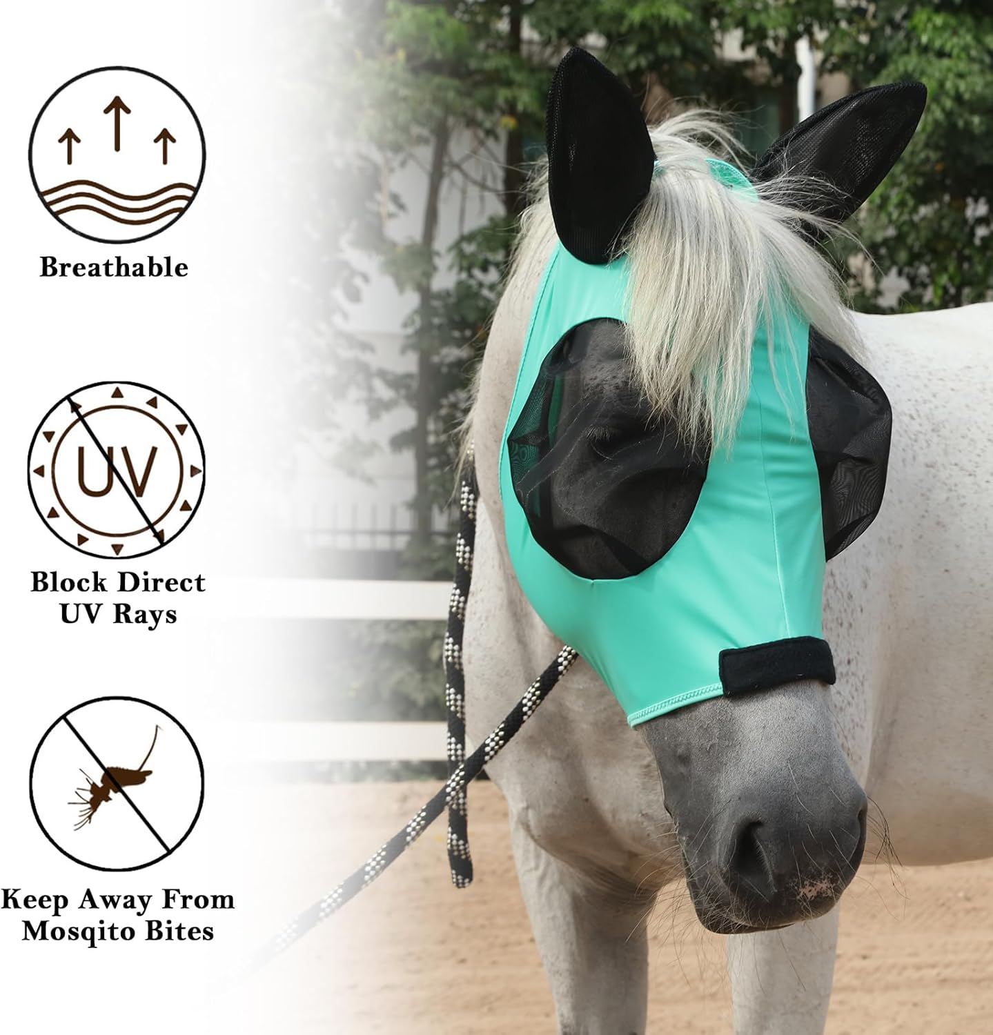 Horse Fly Mask with Ears - Large Eye Space for Full Vision, Breathable Stretch Comfort Fit, UV Protection, Forelock Opening, Easy Pull-On Green Full