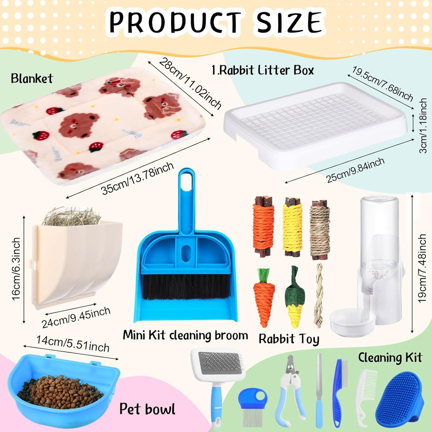 19 Pcs Rabbit Starter Kit Small Bunny Litter Box Animal Grooming Kit Water Bottle Bunny Toys Hay Feeder Bowl Blankets with Cleaning Set for Guinea Pig Rabbit Accessories (White)