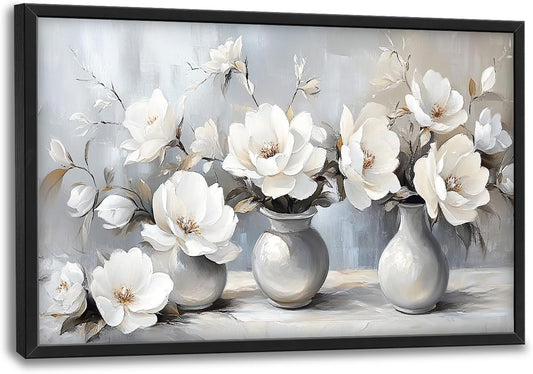 Large Farmhouse Floral Wall Art for Living Room, Framed Oversized White Flower Vase Wall Decor Grey Floral Canvas Painting Pictures Modern Artwork for Bathroom Bedroom Office Dining Room 36"x24"