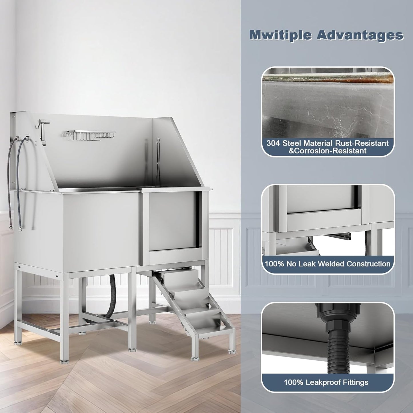 CuisinSmart 50" Dog Bathtub for Large Dogs, Professional Dog Washing Station with Dog Wash Attachment, Bath Pool for Outdoor, Indoor Shower and Grooming (50" Right Door)