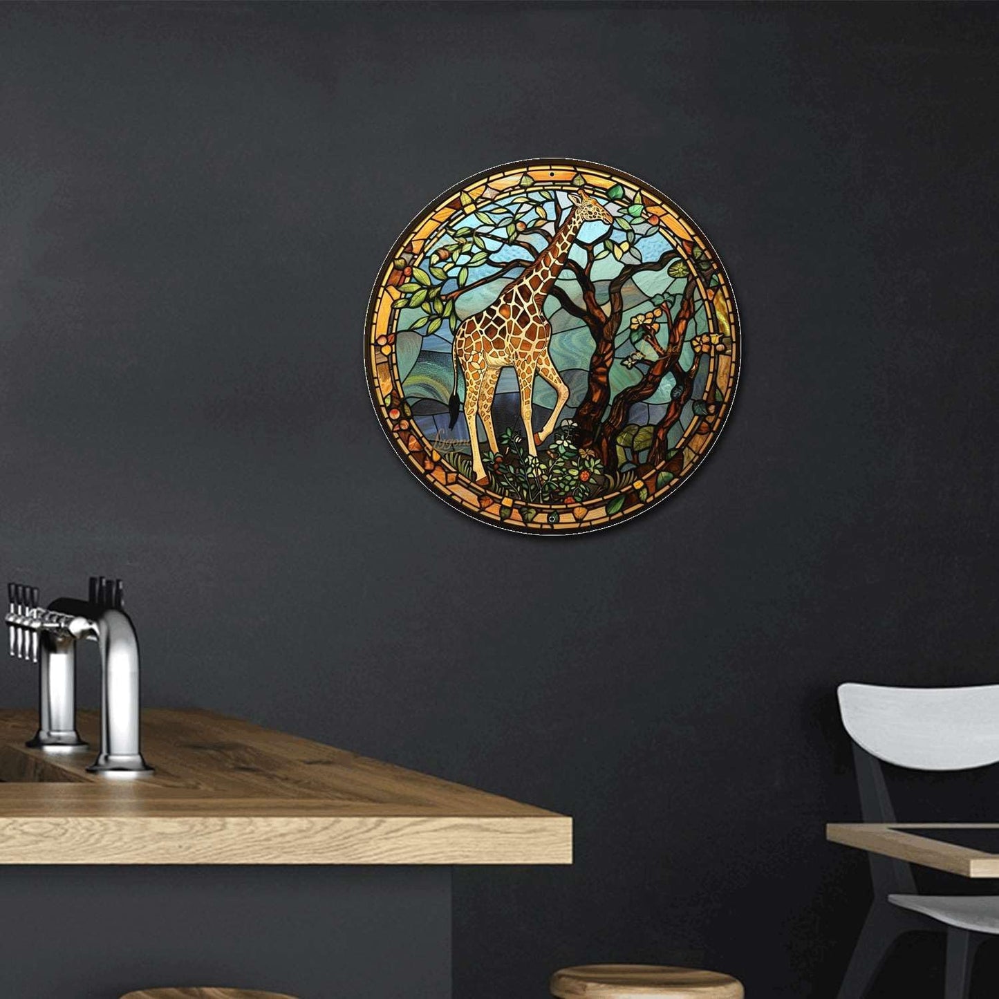 Lygond Metal Sign Tin Sign Circular Stained Glass Giraffe Bathroom Signs for Home for Garage 8×8 Inches