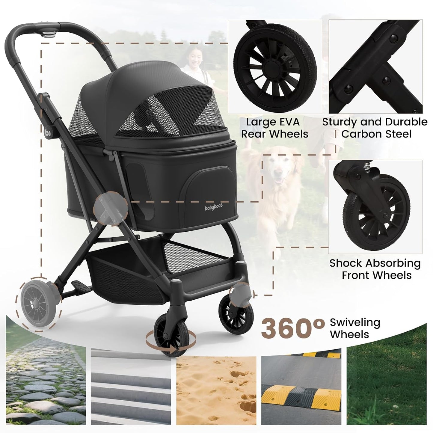 Lightweight Dog Stroller for Small Dogs & Cats Portable Compact Folded Pet Stroller Up to 35lbs Medium Pets One Click Folding Large Cat Carriage with Convertible Canopy Storage Basket-Black