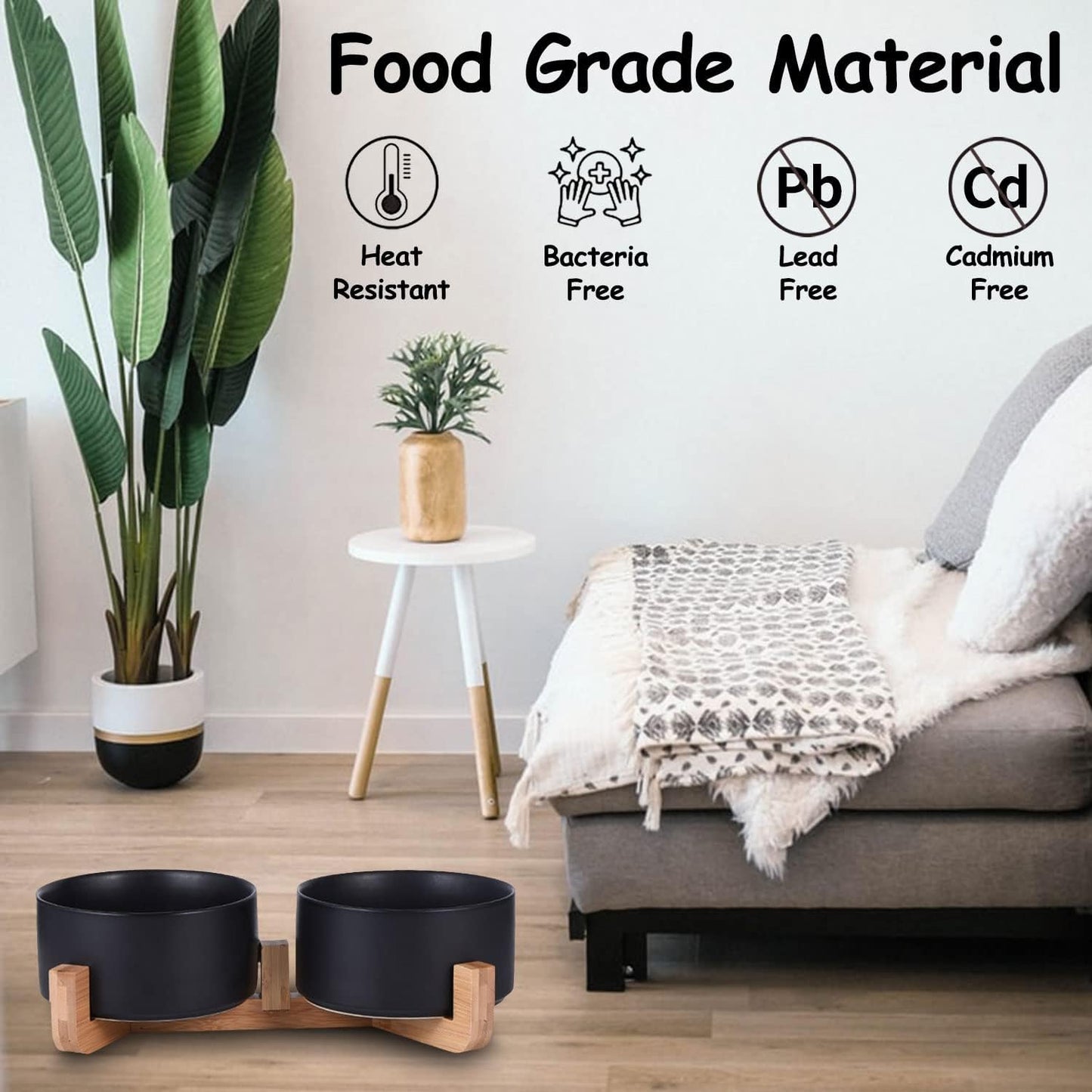 Petygooing Ceramic Dog Cat Bowls Set with Stand,Black Pet Food and Water Bowl,Small Dog Bowls Cute Modern Anti Slip Set of 2 Pet Feeder Small Size Pet Dish(13.5OZ/5.1 in)