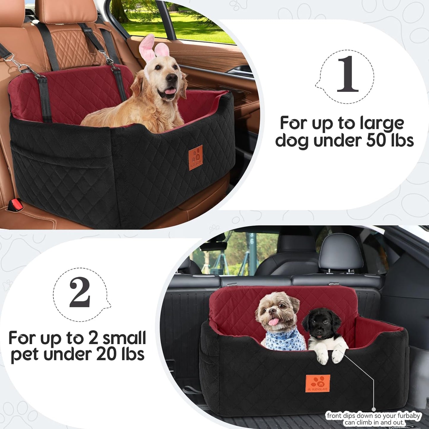 Dog Car Seat for Medium/Large Dogs, Dog Booster Seat for Pet Under 50lbs or 2 Small Dogs, Detachable and Washable Pet Car Bed, Multi-Functional Pet Booster Seat for Backseat(Black/Red)