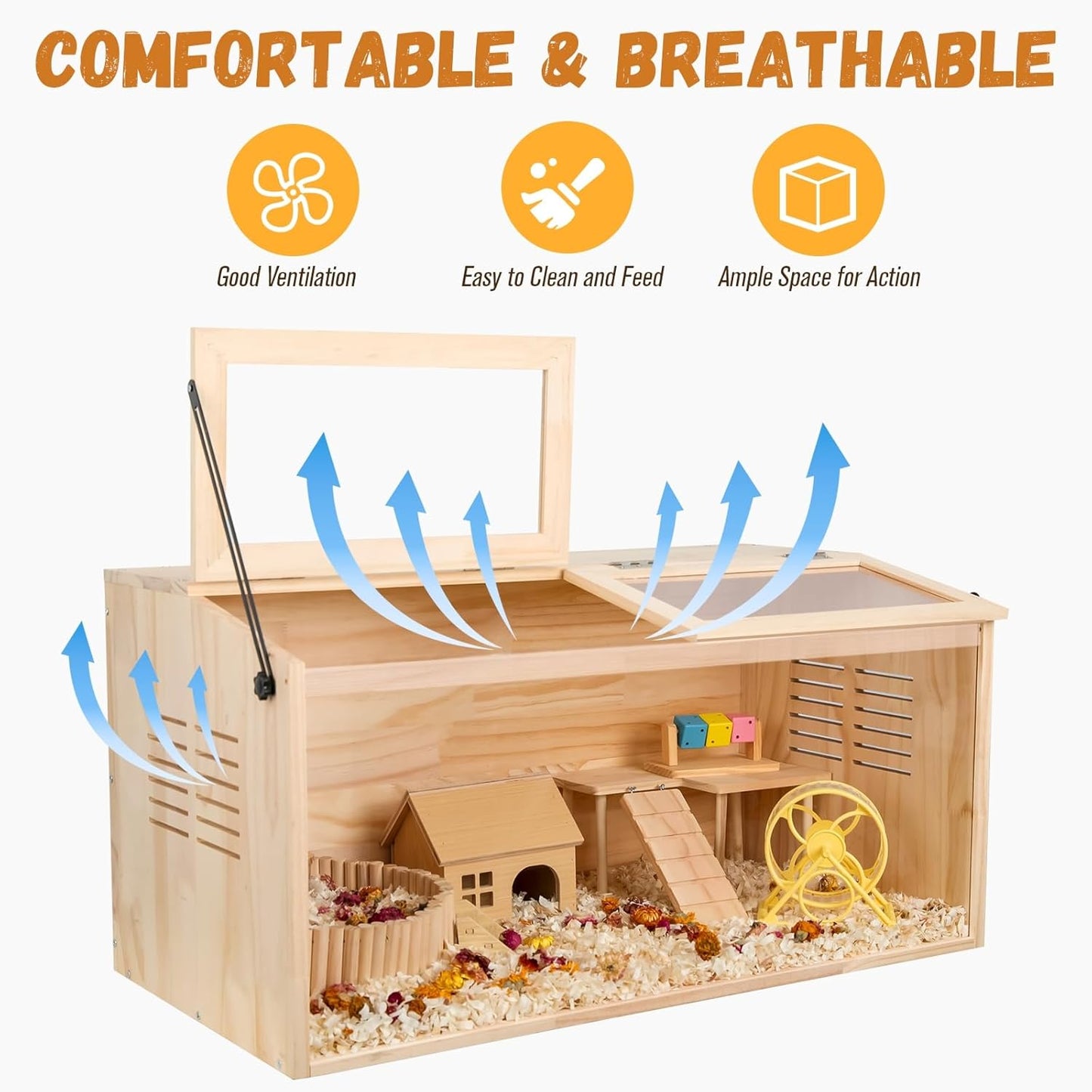 Wooden Hamster Cage,48" Lx20 Wx20 H，Animal Cabinet for Dwarf Syrian Hamsters Degus, Hamster Habitat with Openable Top and Large Acrylic Sheets.