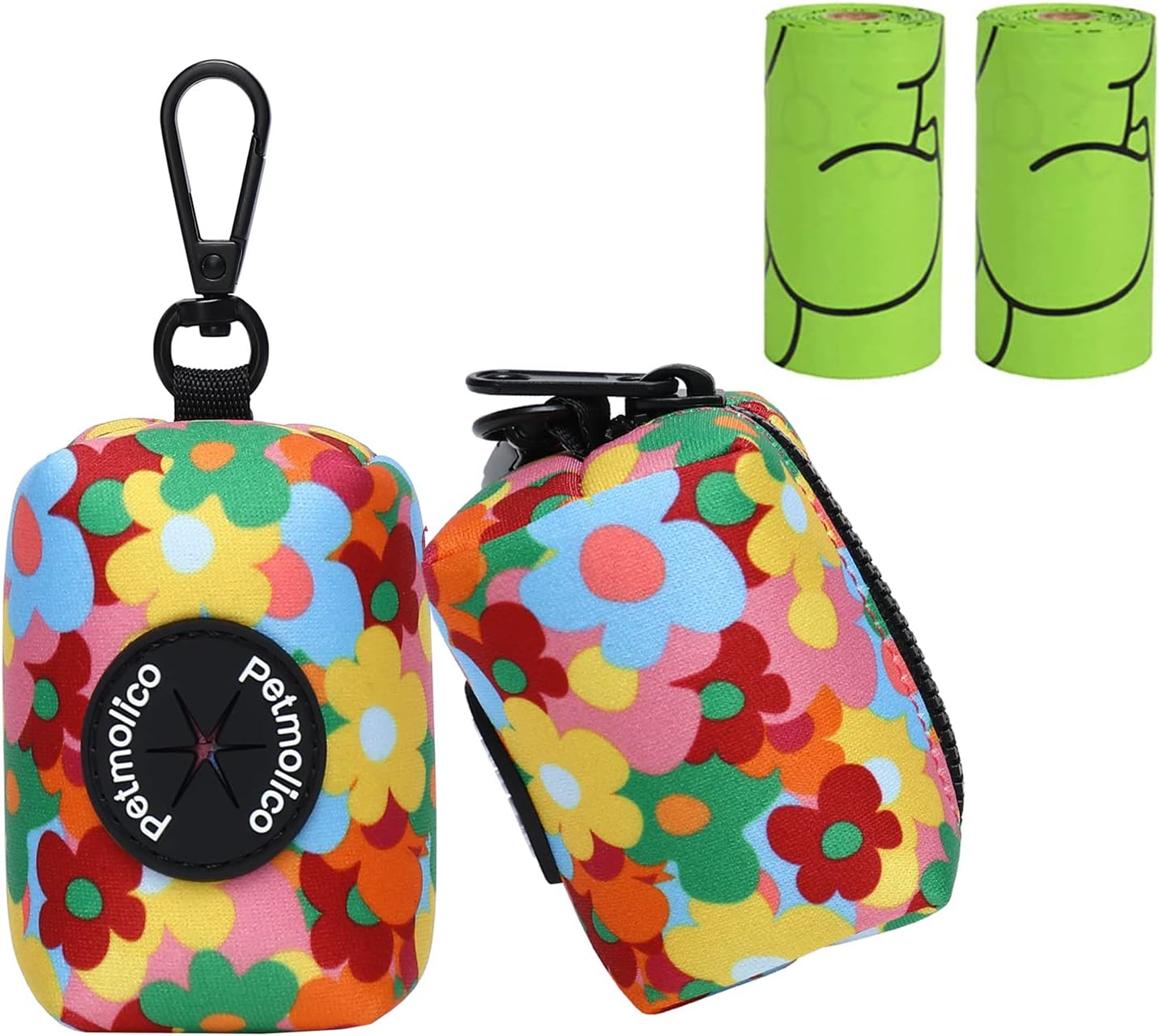 Petmolico Dog Poop Bag Holder Leash Attachment, Pet Waste Bag Dispenser Zippered Pouch, Fits Any Leash, Includes Free Roll of Dog Bags, Poop Bag Dispenser - 2 Pack, Colorful Flowers