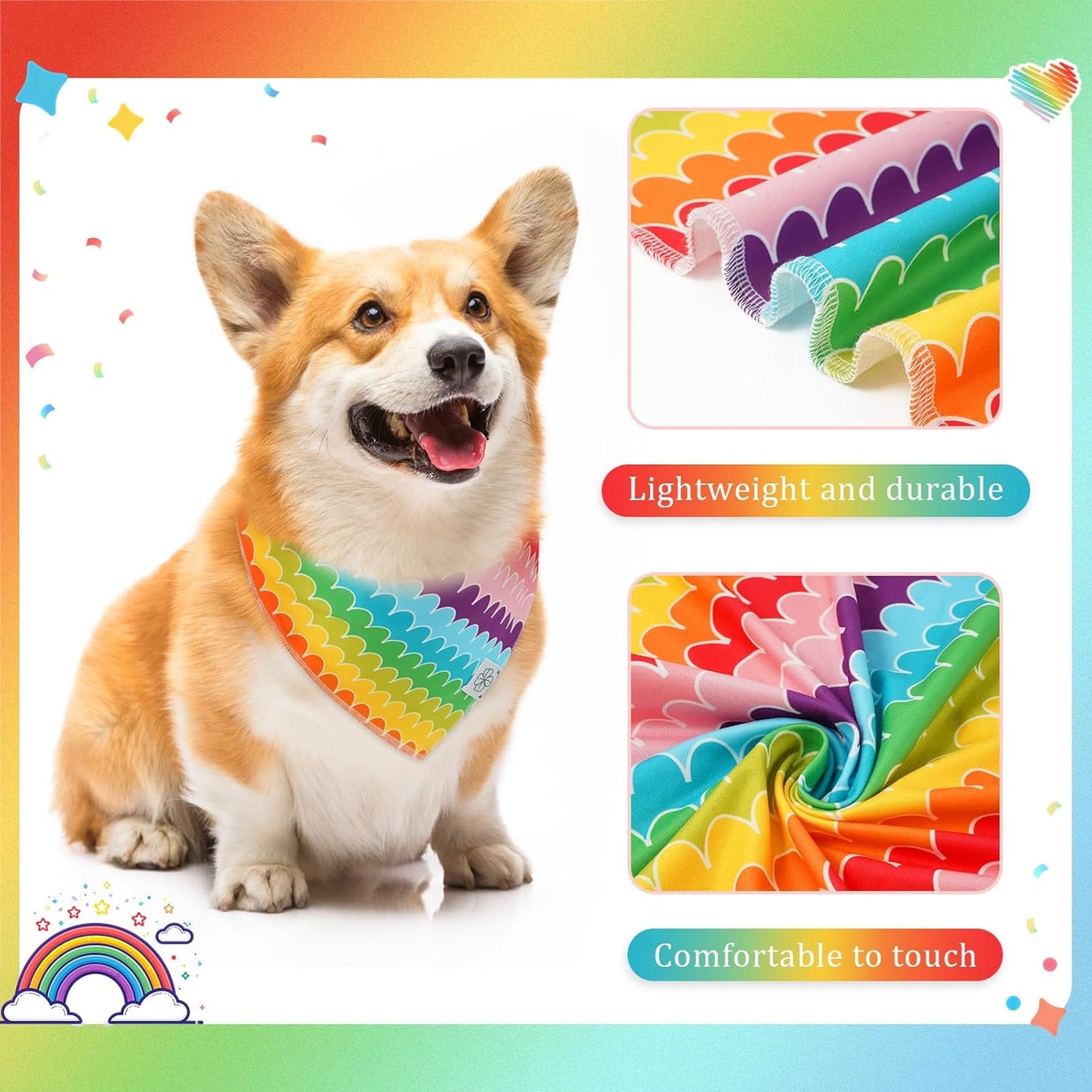 E-Clover Rainbow Dog Bandanas & Matching Scrunchie Set Girl Cute Pride Dog Scarf Bibs Pet Bandana with Bow Tie for Small Dogs Puppy Owner Mom Summer