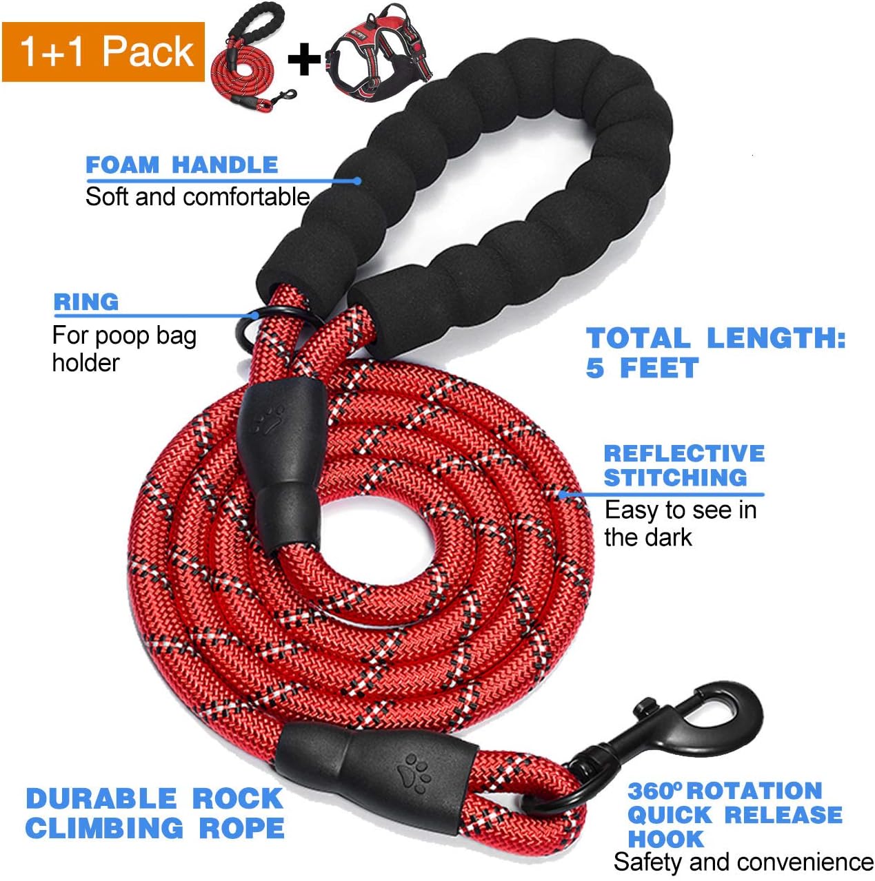 No Pull Dog Harness Adjustable Reflective Oxford Easy Control Medium Large Dog Harness with A Free Heavy Duty 5ft Dog Leash (M (Chest: 22"-26"), Red Harness+Leash)