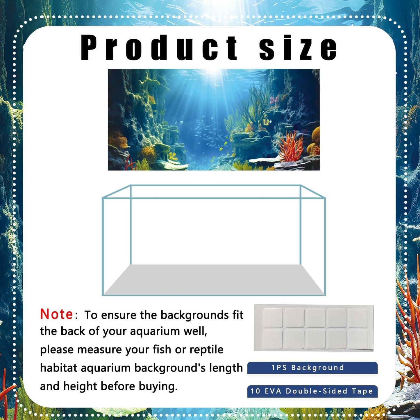 36X24IN Blue Sea Floor Aquarium Background, Natural Underwater World 3D Effect Fish Tank Decorations Background, Art Terrarium Background with 8 EVA Double-Sided Tape