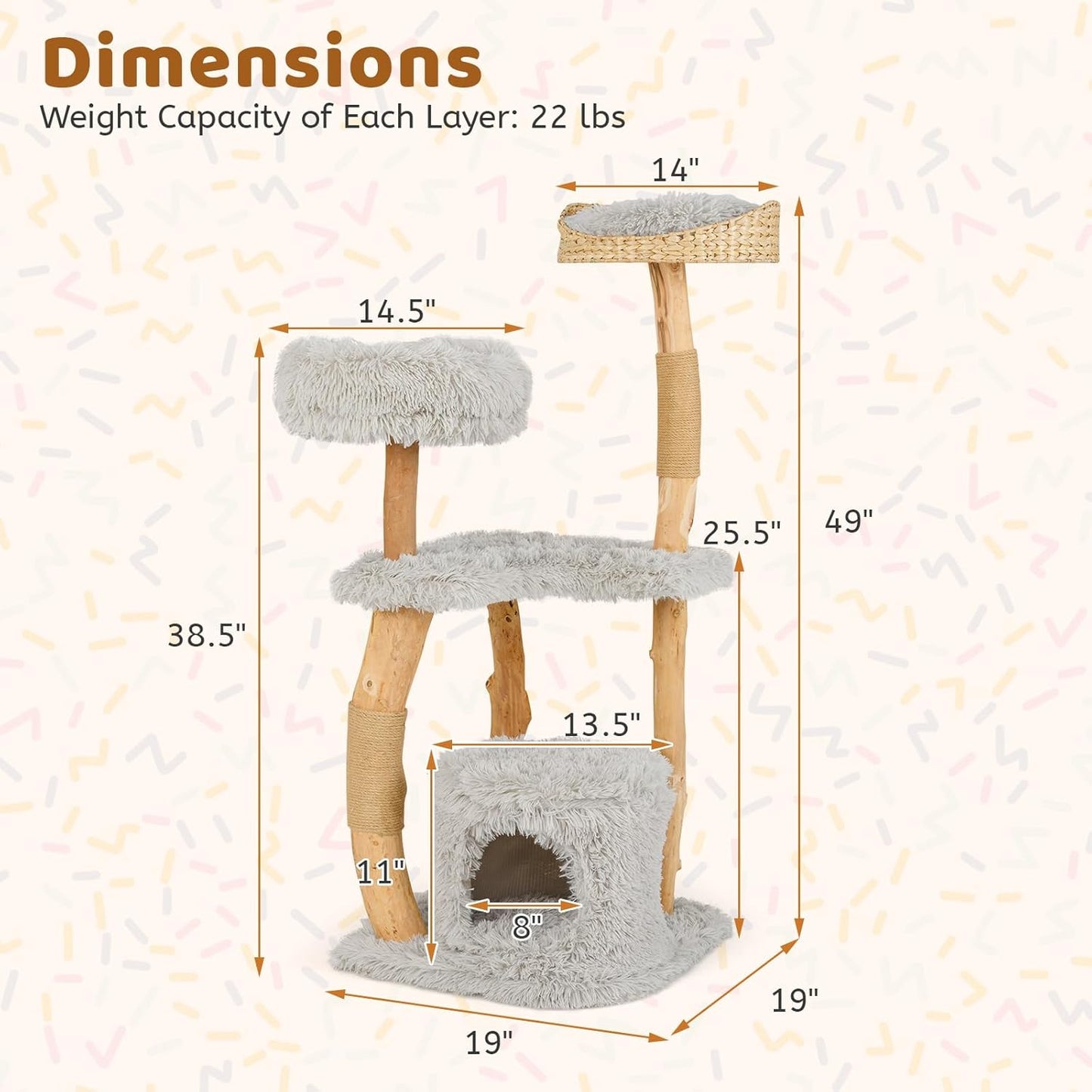Tangkula Cat Tree Tower, Solid Wood Modern Cat Tower with Top Cattail Basket Bed, Side Perch, Large Platform & Cat Condo, Cute Cat Tree with Scratching Posts for Indoor Cats Large Adult