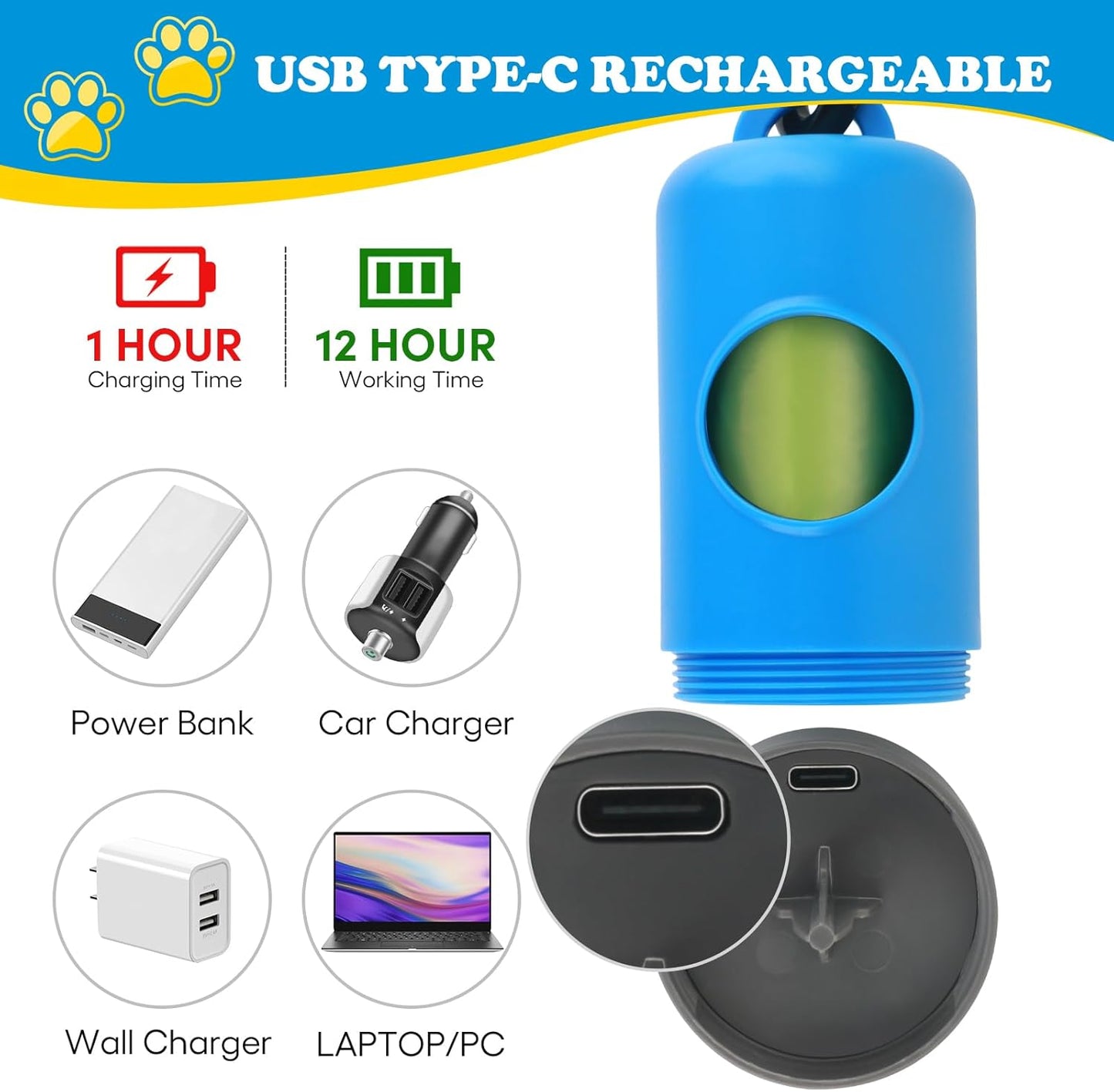 Rechargeable Dog Poop Bag Dispenser With Safety LED Flashlight, Pet Waste Bag Holder with Carabiner Clip For Leash, Collar,Harness, and 15 PCS Extra Thick Doggy Waste Bags