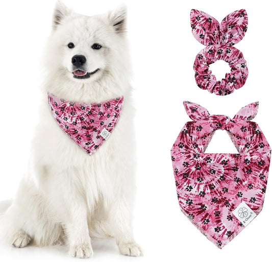 E-Clover Purple Dog Bandana & Matching Scrunchie Dog Paw Prints Pet Dog Scarf Cute Dog Costumes Accessories for Small Medium Large Dogs Lavender