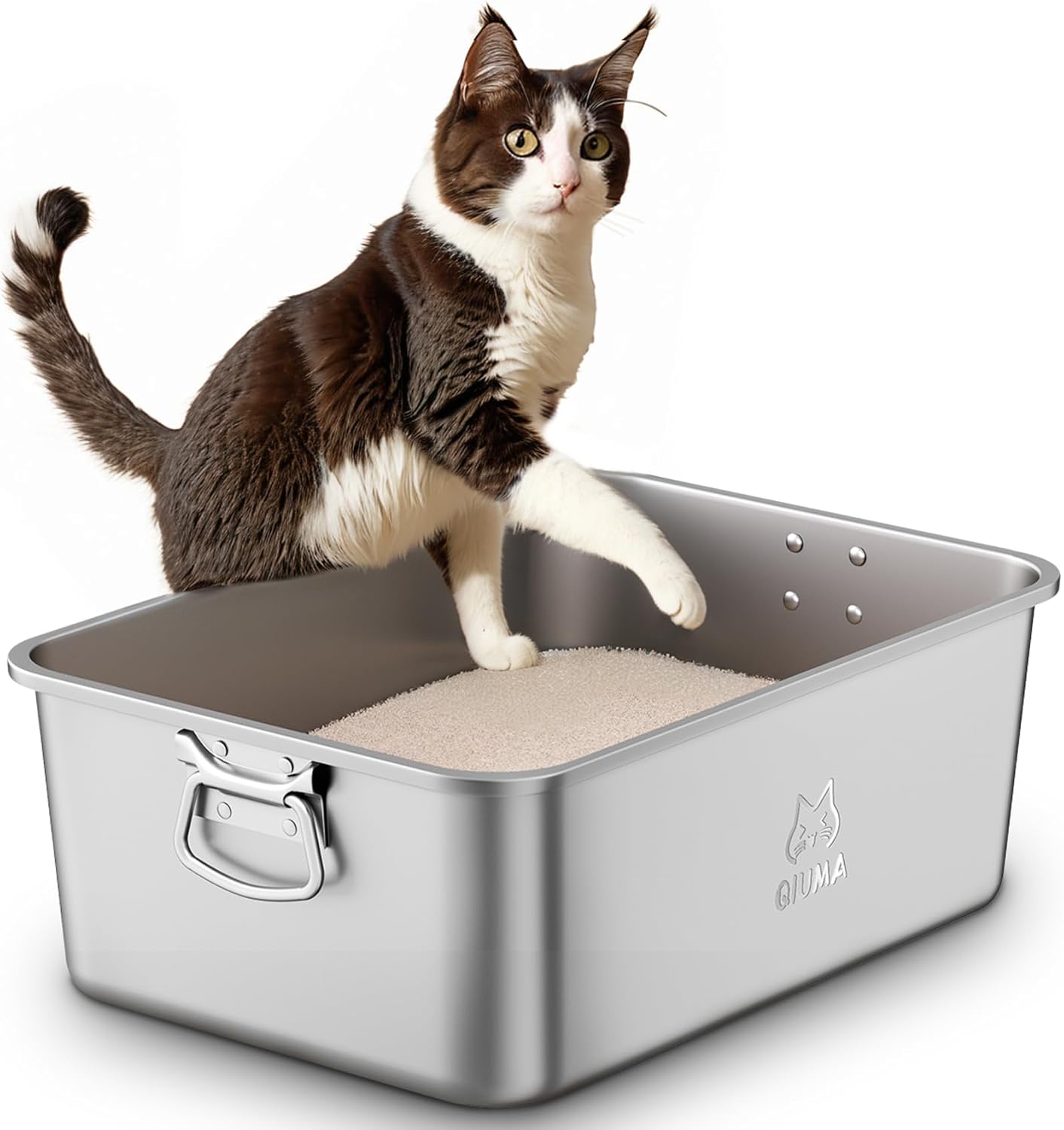 Stainless Steel Litter Box with Handle, Large Metal Cat Litter Box with High Sided for Big and Small Cats, Kitty Litter Boxes, Non-Stick, Easy to Clean, Odor-Free, Cat Toilet，Litterbox