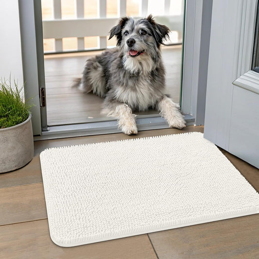 Smiry Dog Door Mat for Muddy Paws 24x16, Absorbs Moisture and Dirt Doormat, Non-Slip Washable Quick Dry Chenille Front Door Mat Indoor Entrance, Entryway Carpet for Inside Floor, Ivory