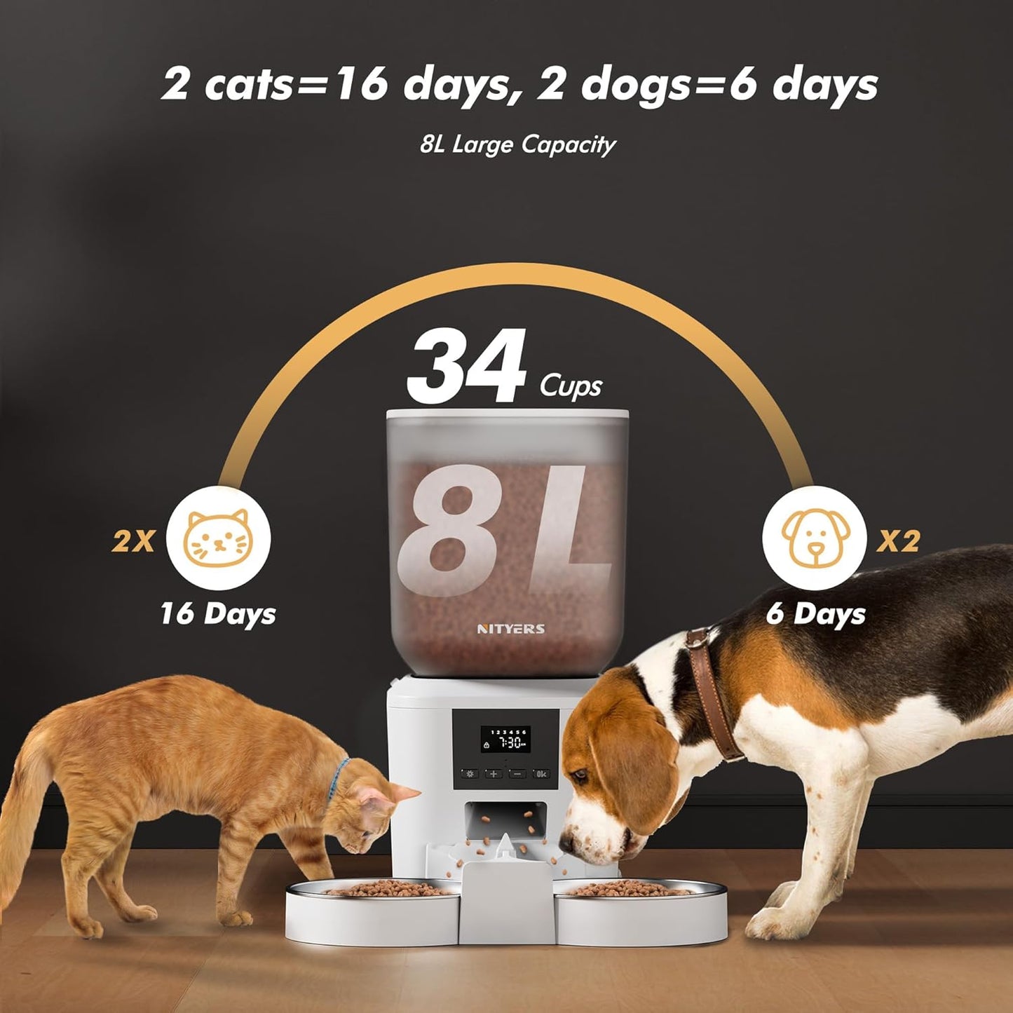 Automatic Cat Feeder for 2 Cats - 8L/34 Cups Large Capacity Auto Food Dispenser with LCD Screen, 2 Food Trays, Timed Cat Feeder, Up to 50 Portions 6 Meals Per Day, Keep Fresh, White
