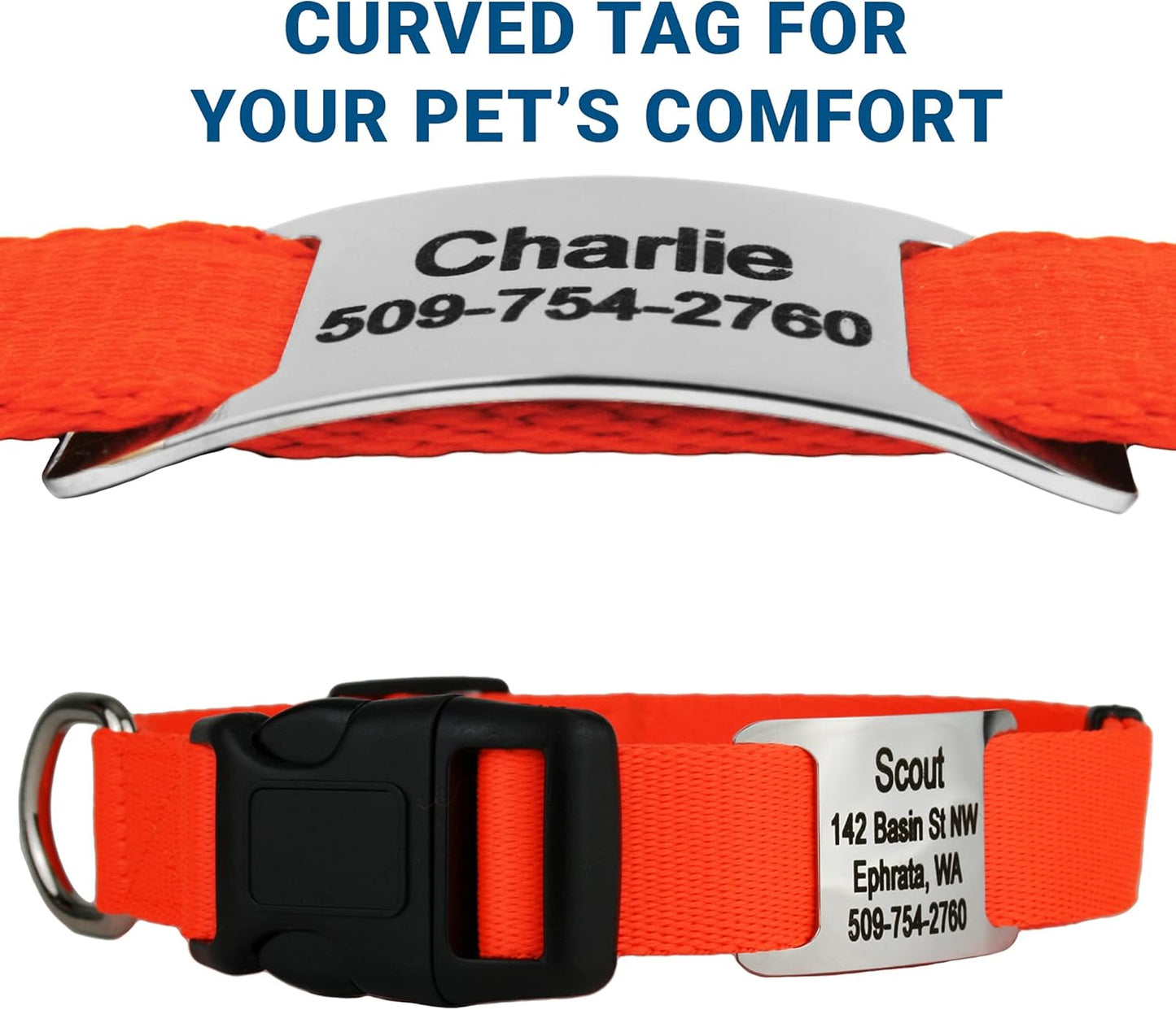 GoTags Personalized Dog Collar with Nameplate, Adjustable Dog Collar with Custom Engraved Slide On Pet ID Tag in Stainless Steel, Silent, No Noise Dog Tag for Large Medium and Small (Orange, Large)