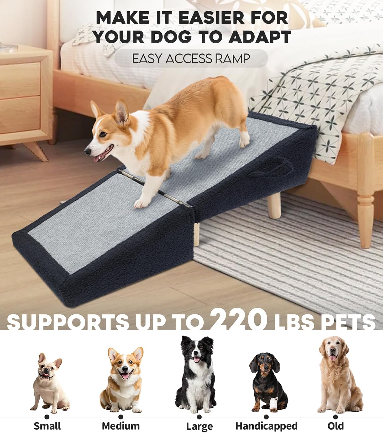 Dog Stairs for Small Dogs and Cats – 2-in-1 Dog Ramp for Bed and Couch, 16.5'' Foldable Wooden Pet Steps, Sturdy Multi-Use Split Ottoman Design, Dark Blue