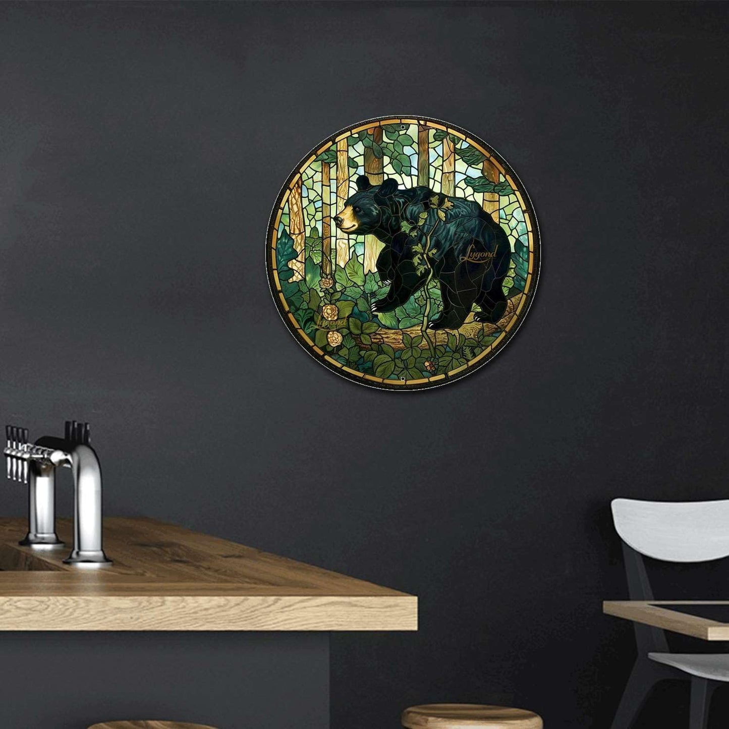 Lygond Metal Sign Tin Sign Circular Stained Glass American Black Bear Funny Bathroom Wall Decor for Restaurant 12×12 Inches