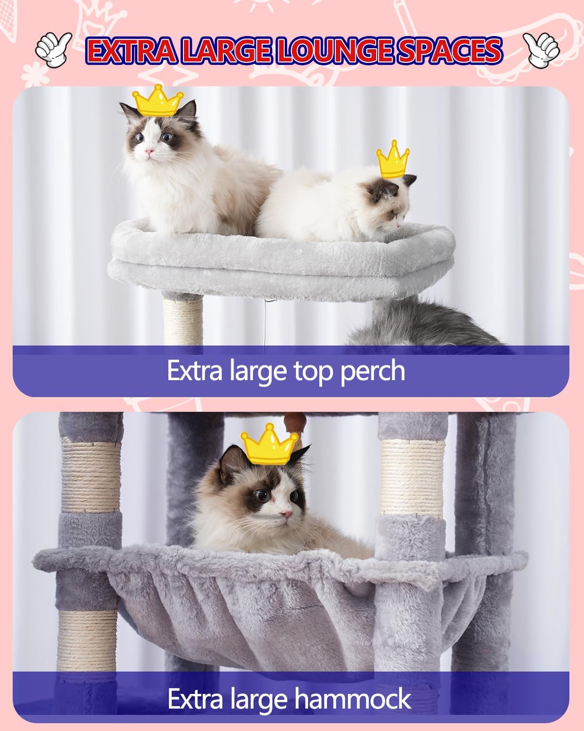 Cat Tree, Cat Tower for Large Cats with 2 Big Platforms, 2 Baskets, condo and Toys, 63" Cat Scratching Posts for Indoor Cats, Light Gray GCT020W