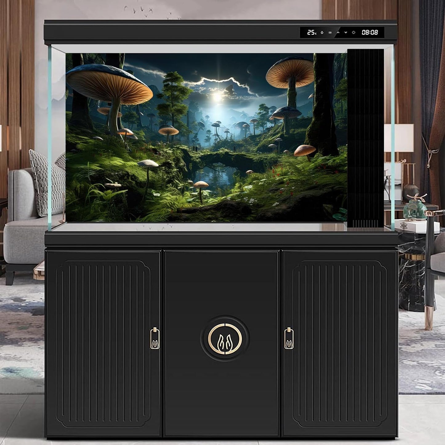 Fantasy Mushrooms Landscape Aquarium Background Tranquil Stream Cloudy Sky Terrarium Background Lush Green Tropical Plants Trees Fish Tank Backdrop Decoration Tank Background Poster 24x16in